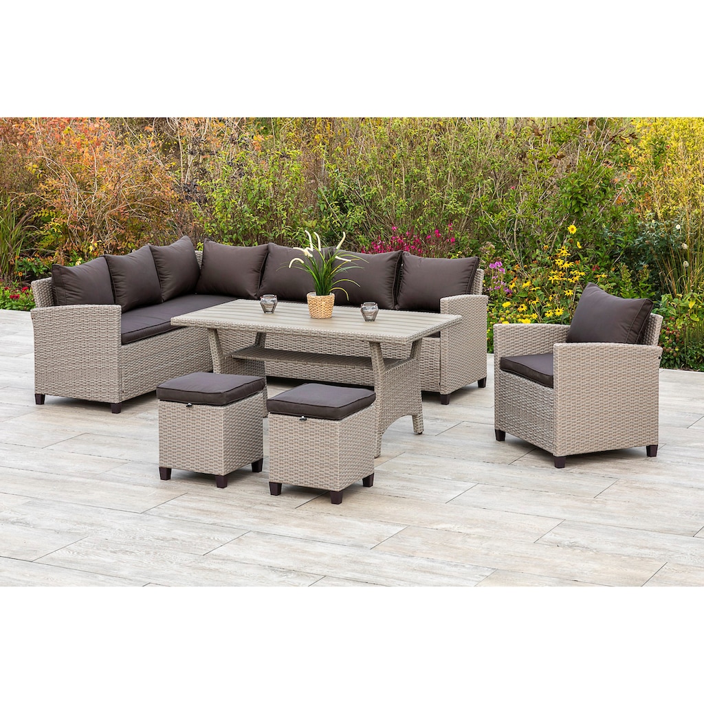 MERXX Garten-Essgruppe »Palma«, (5 tlg., 1x Eckbank, 2x Sessel, 2x Hocker, 1x Tisch 144x67cm, mit Kissen)