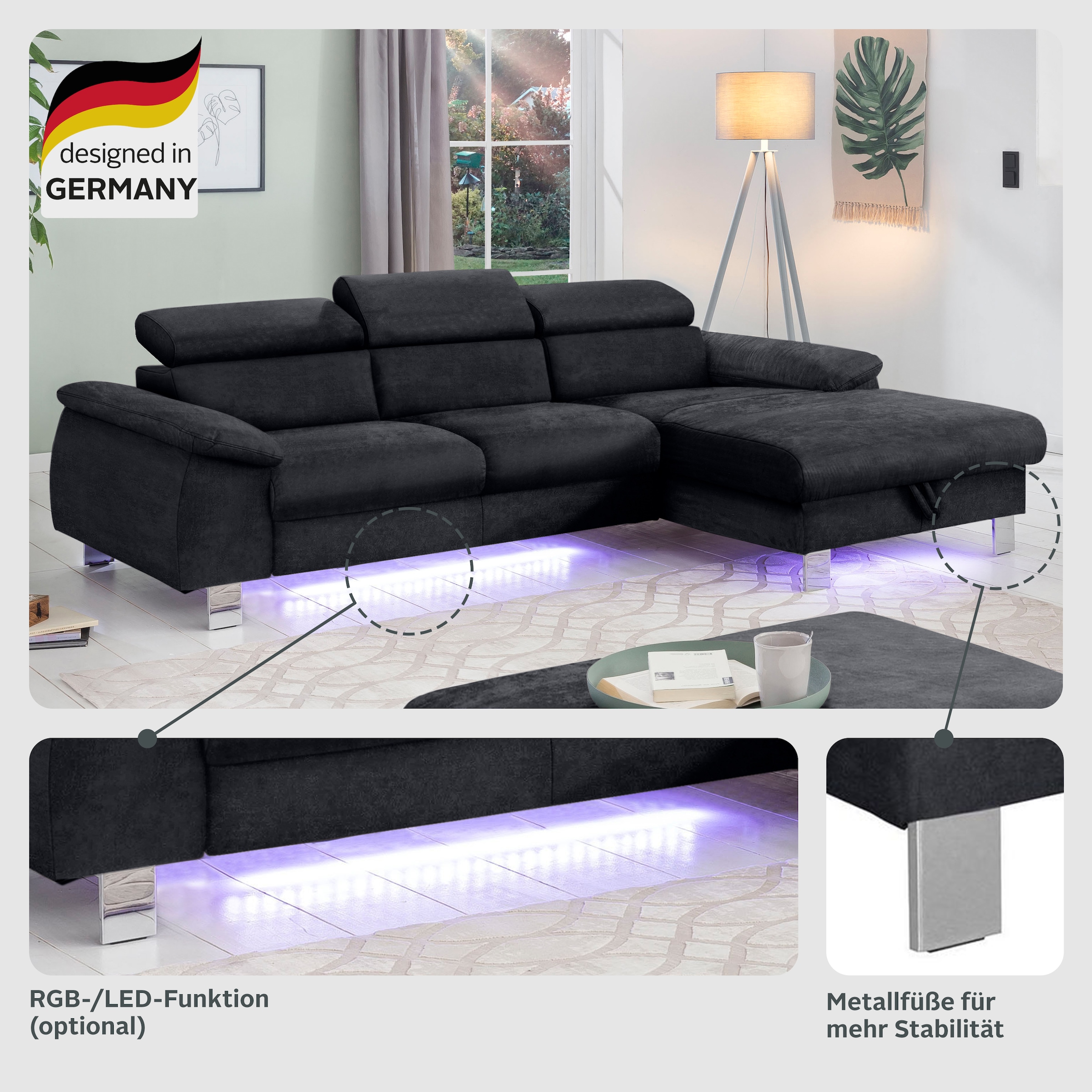 COTTA Ecksofa Komaris, Ecksofa, wahlweise mit RGB-LED-Beleuchtung und Bettfunktion/Bettkasten