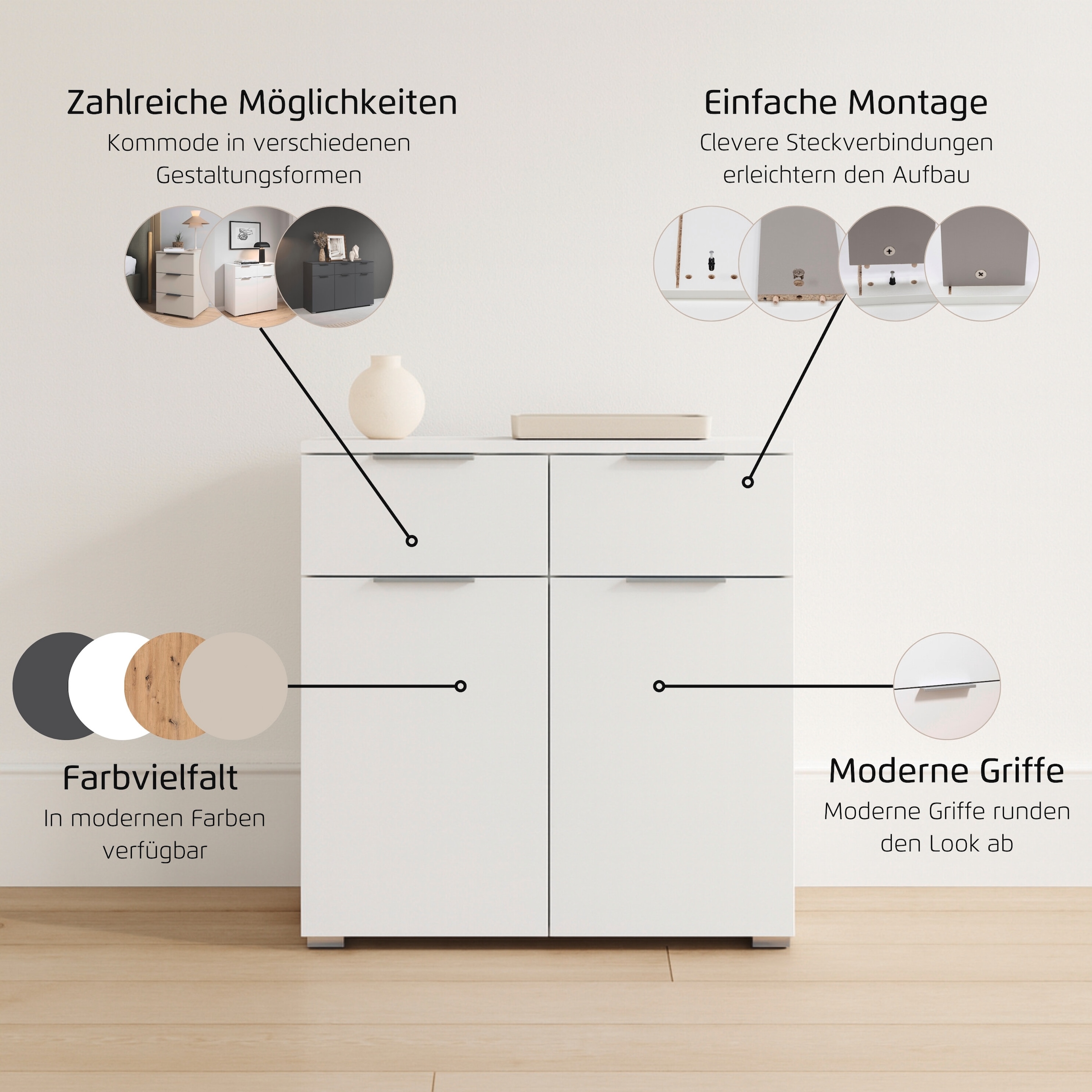 rauch Kombikommode »Sideboard Schubladenkommode CORTONA mit Dekor-Front« Breite 80 cm inkl. Soft-Close-Funktion,  mit 2 Schubladen und 1 verstellbaren Einlegeboden MADE IN GERMANY