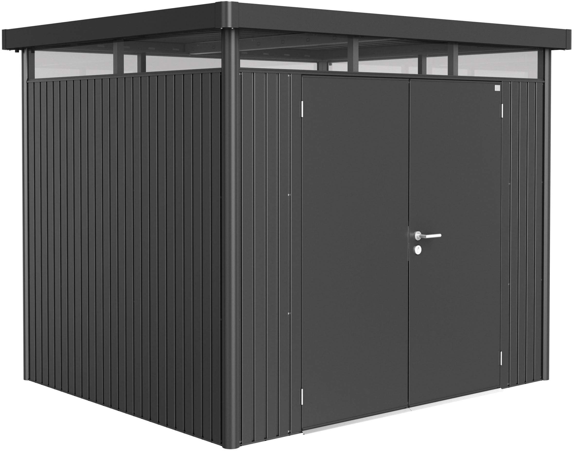 BIOHORT Gerätehaus »HIGHLINE Gr. H3, verschiedene Farben« stylisches Metall-Gartenhaus mit Flachdach dunkelgrau-metallic