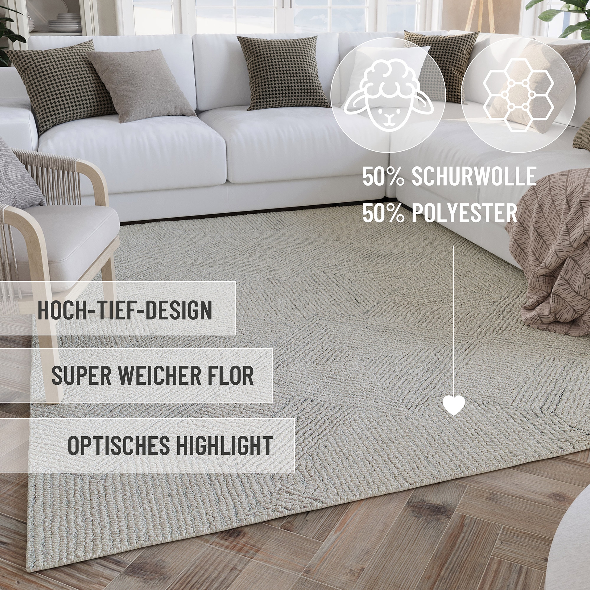 Wecon home Teppich »Hamptons THIRTYTHREE«, rechteckig, 15 mm Höhe, Läufer, Fasermix, Kurzflor, Wohnzimmer, elegant, robust, geometrisch