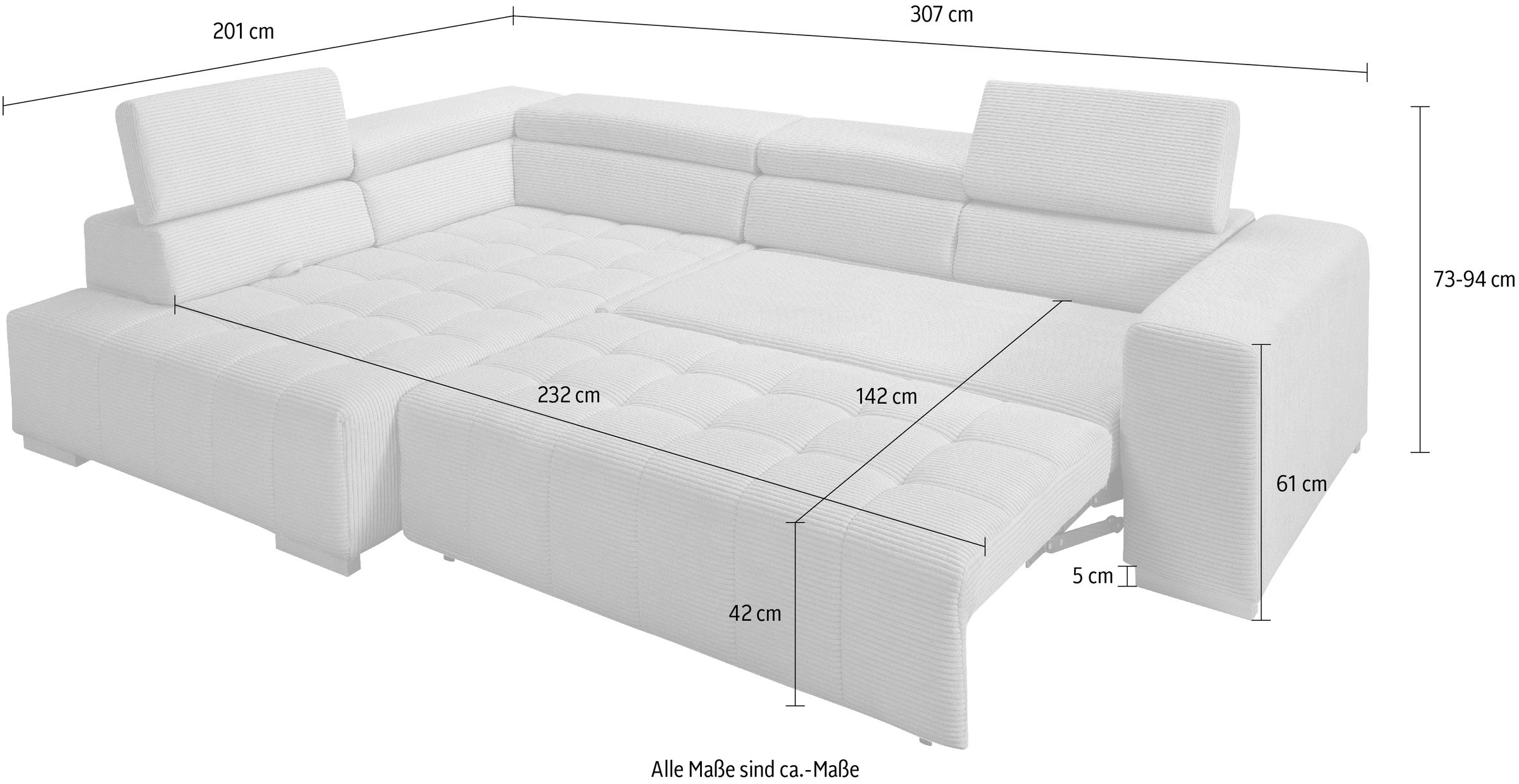 exxpo - sofa fashion Ecksofa »Elianos, hoher Sitzkomfort, aufwendige Kreuzsteppung im Sitz, L-Form«, Kopfteile & Sitztiefe verstellbar, mit Bettfunktion, Cord, cappuccino