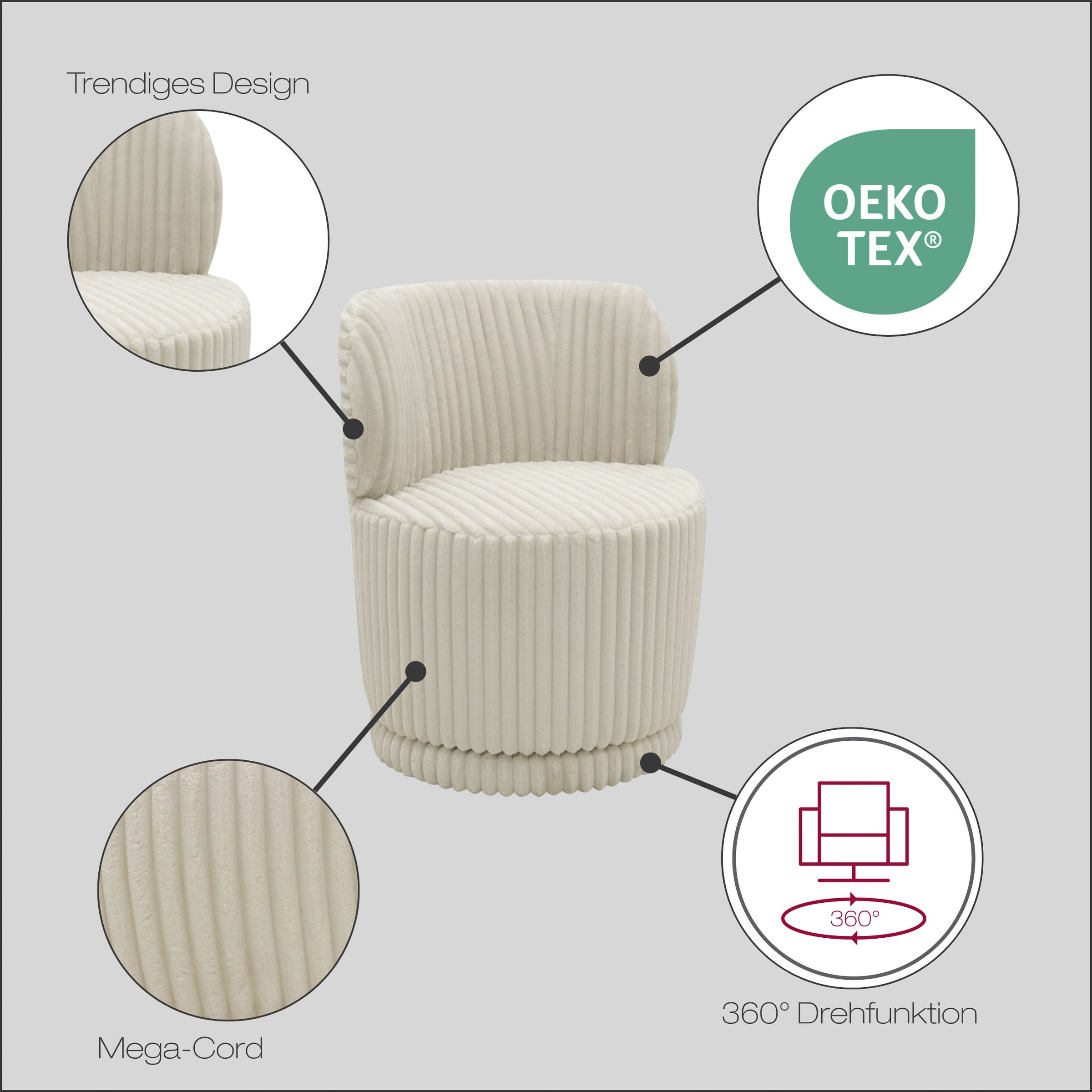 DOMO collection Sessel »Ypres Loungesessel inkl. 360* Drehfunktion« Minimalistisches Design, Cord, creme