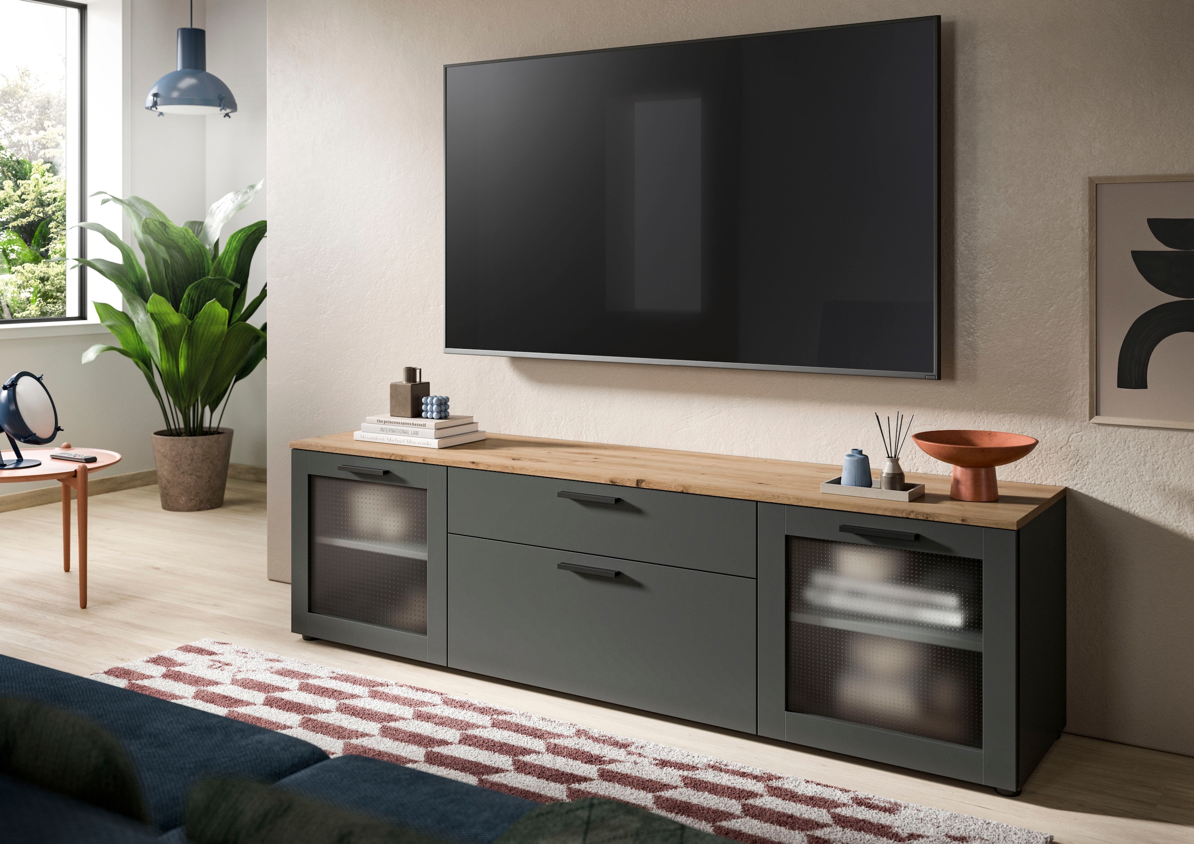 INOSIGN Lowboard »SALKIN, Breite 185 cm, 2 Türen mit ESG-Ornamentglas, 1 Schubkasten«, TV-Möbel, TV-Schrank, TV-Lowboard, Mediaboard, Vitrine, Vitrinenboard
