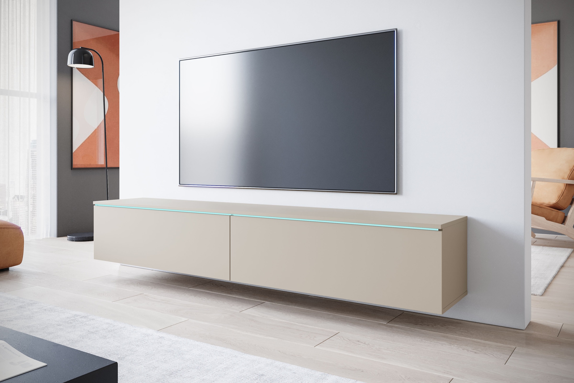 INOSIGN Lowboard »LOWBOARD VERA, wahlweise mit oder ohne Beleuchtung«, Modernes griffloses TV-Board, 180 cm TV-Schrank, stehend und hängend
