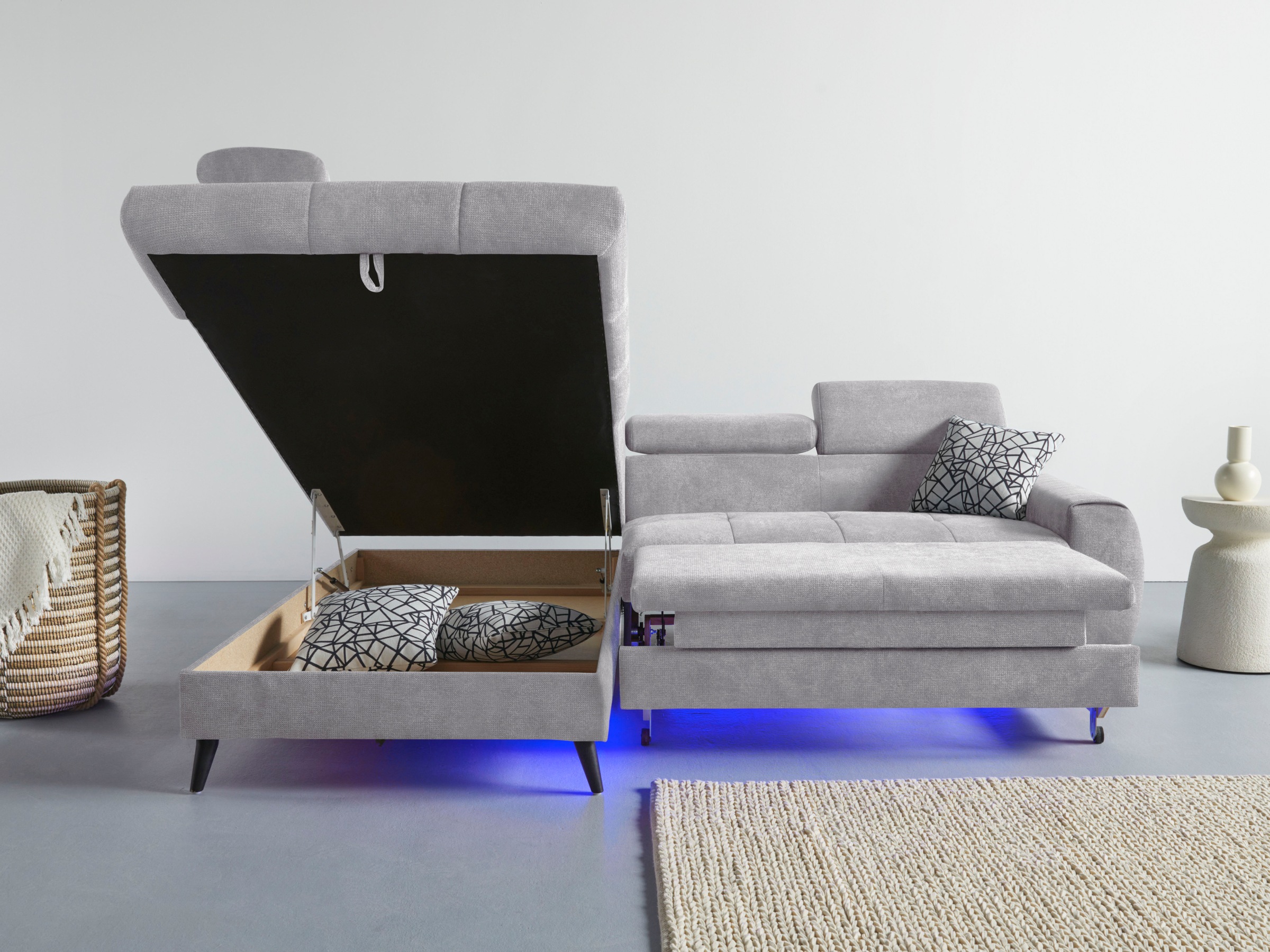 COTTA Ecksofa »Mia L-Form mit 3 Zierkissen«, wahlweise mit Bettfunktion, Bettkasten, Beleuchtung & Wireless-Charger