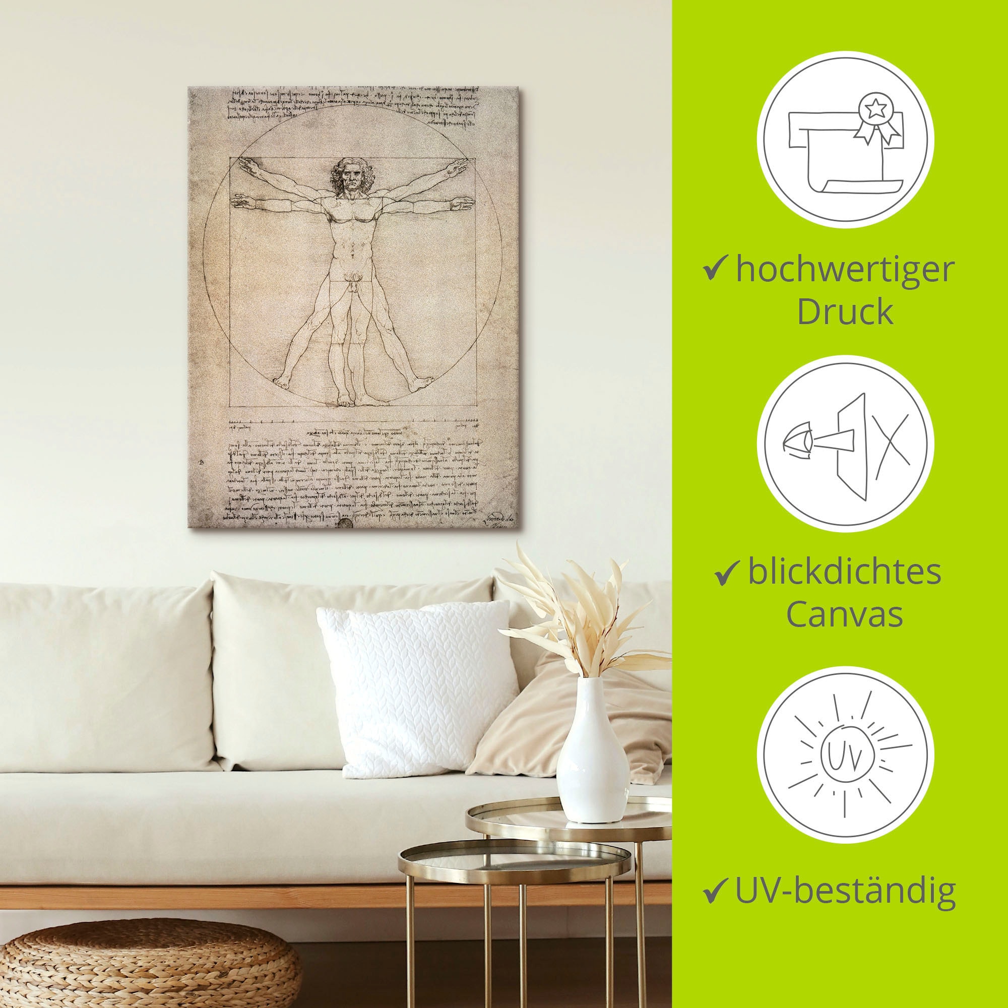 Artland Wandbild »Porportionszeichnung, nach Vitruv. 1490«, Mann, (1 St.), als Leinwandbild, Poster in verschied. Größen