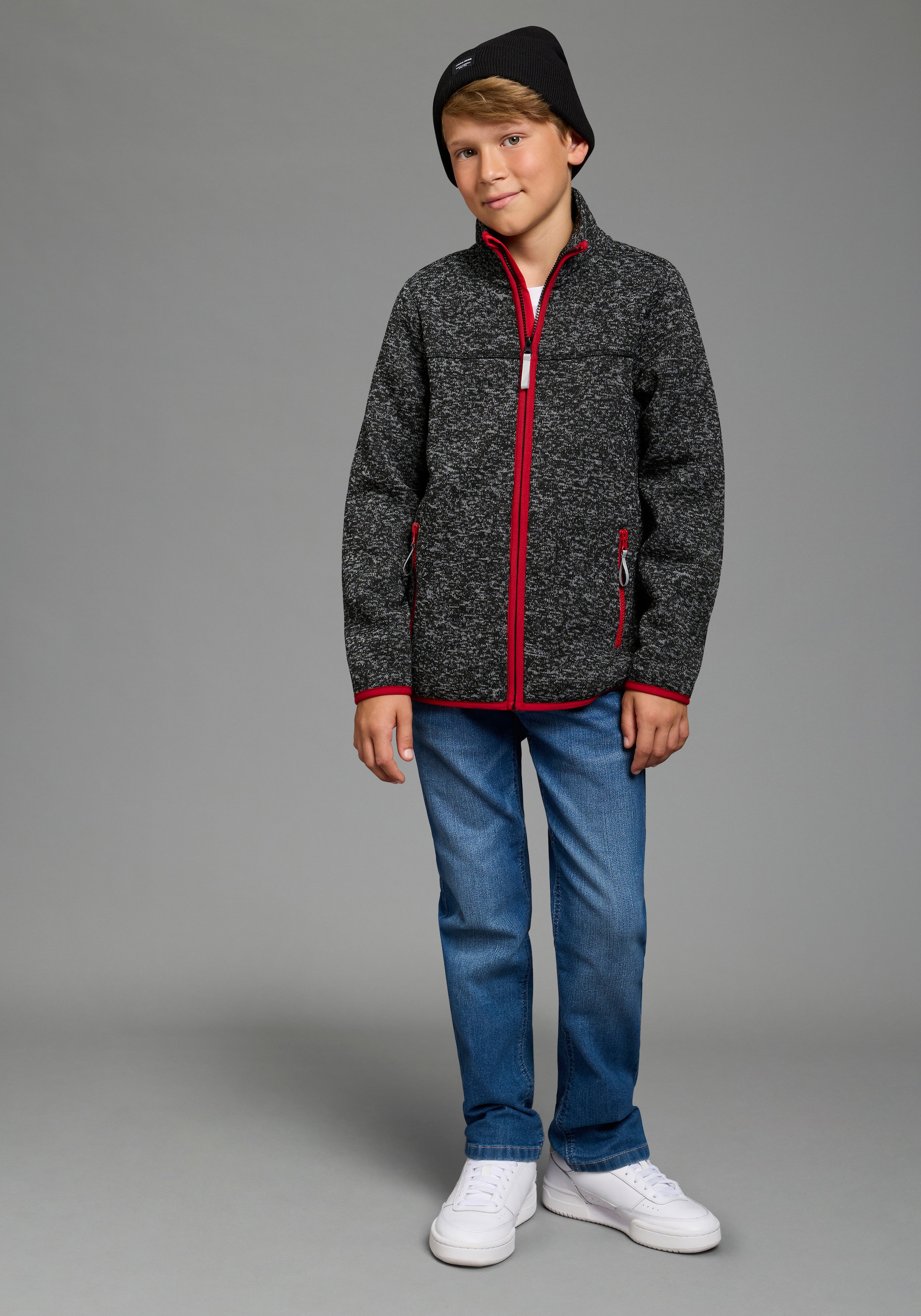 H.I.S Sweatjacke »Fleecejacke von H.I.S in schöner melierter Qualität« Stehkragen-Jacke mit Kontrastpipings, aus Fleece