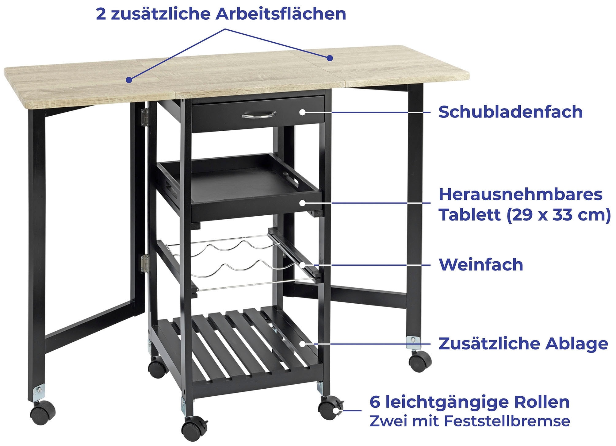 Maximex Küchenwagen, mit ausklappbaren Seitenteilen, rollbar