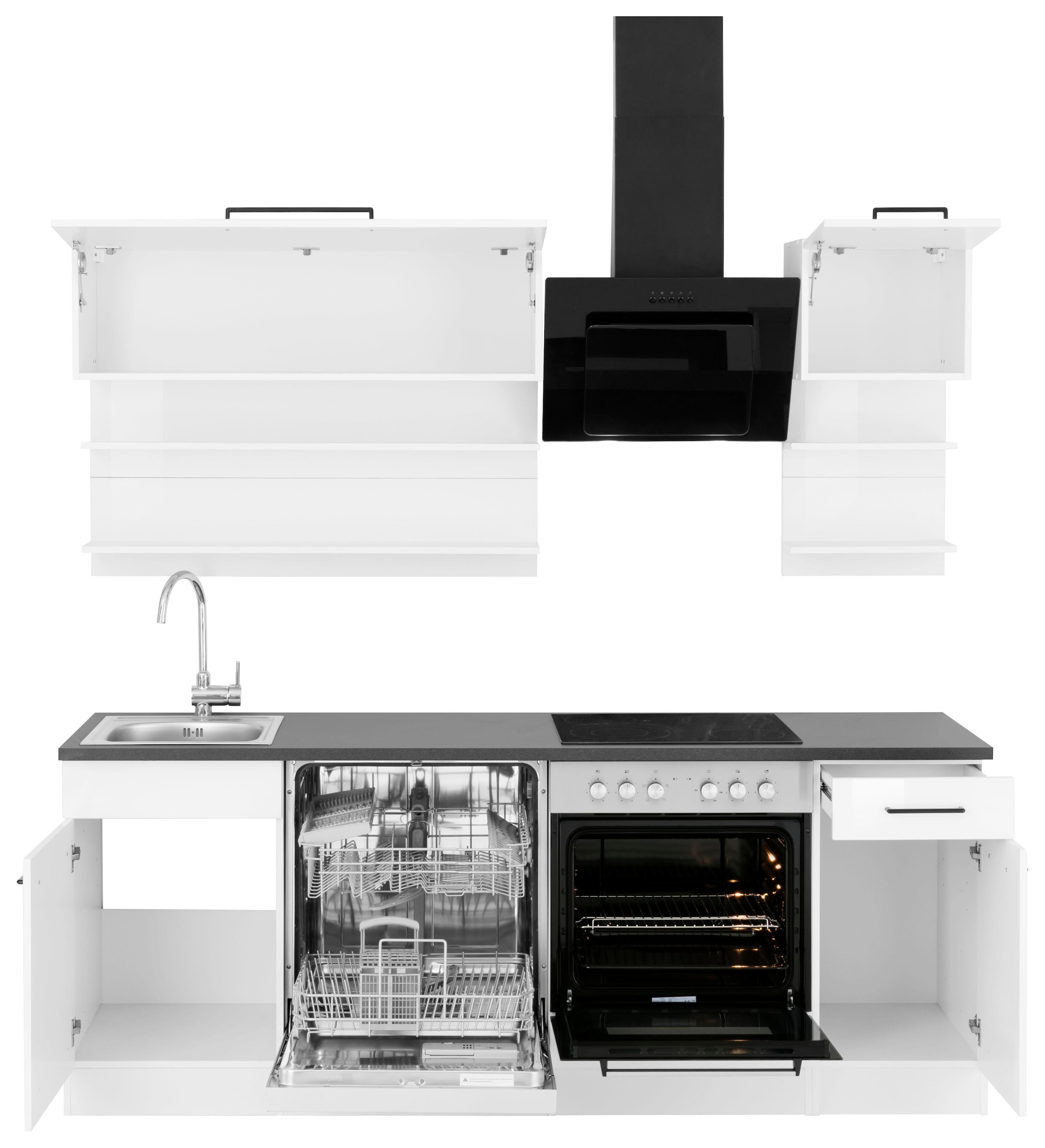 KOCHSTATION Küchenzeile »KS-Tulsa«, mit E-Geräten, Breite 210 cm, schwarze Metallgriffe, MDF Fronten