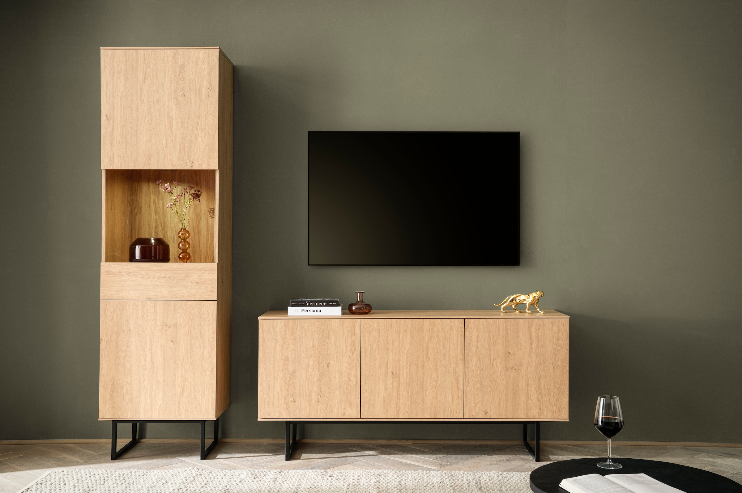 Home affaire Wohnwand »Lund, moderne Anbauwand, Wohnzimmer-Set in Stone Oak günstig online kaufen