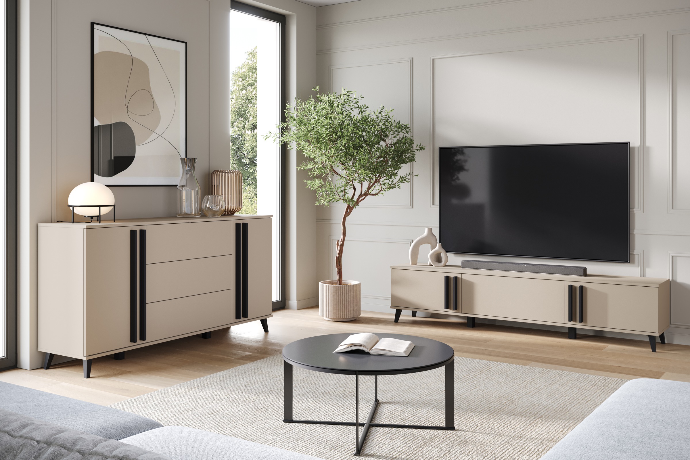 INOSIGN Sideboard »Helsinki, Kommode mit 2 Türen und 3 Schubladen, Breite 150 cm«, (1 St.), Push-to-Open-Schubladen, höhenverstellbare Einlegeböden
