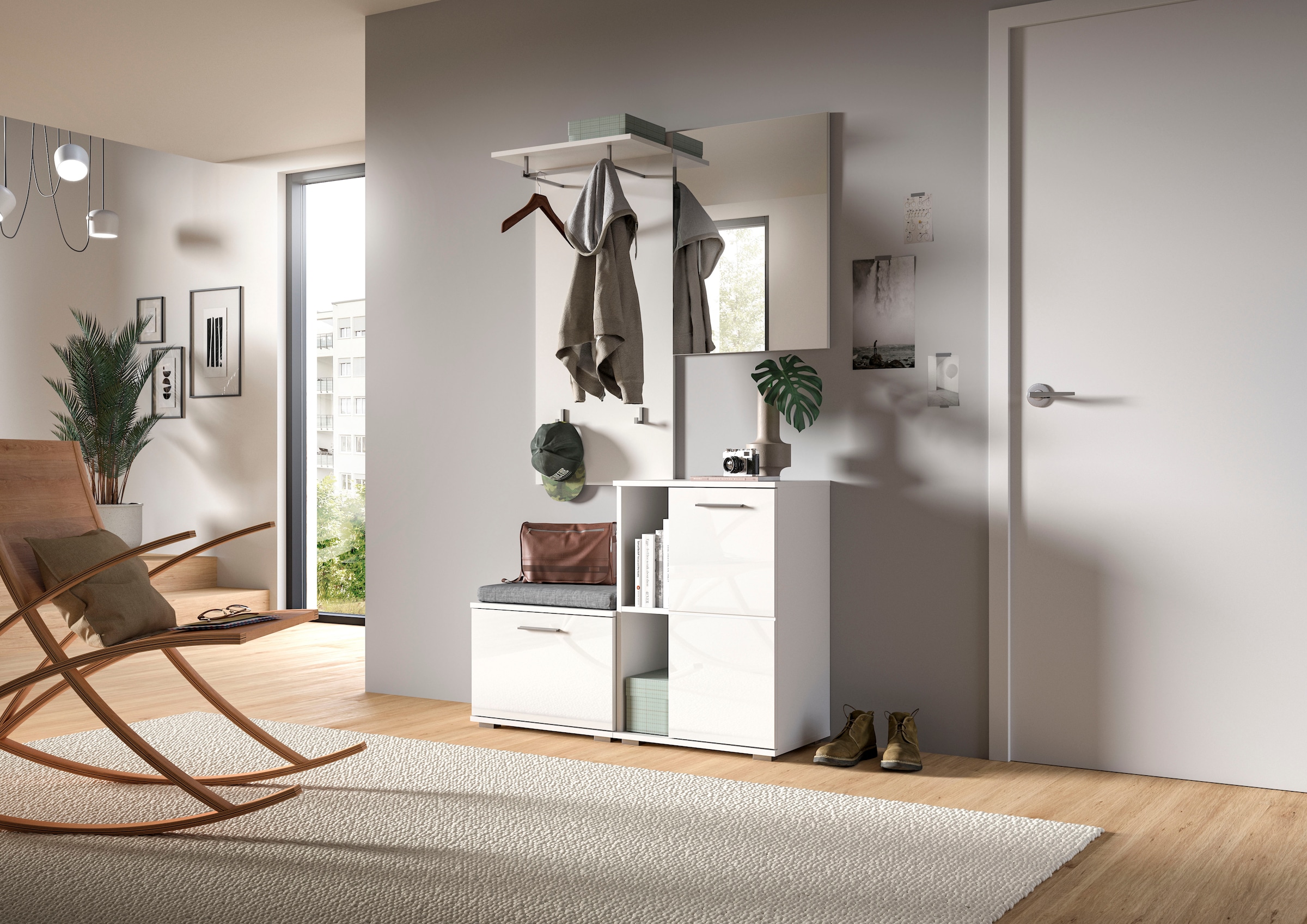 INOSIGN Garderoben-Set »Valge, Breite 110 cm, 4-teiliges Set, bestehend aus:«, (4 St.), Sitzbank, Garderobenpaneel, Schuhschrank und Garderobenspiegel