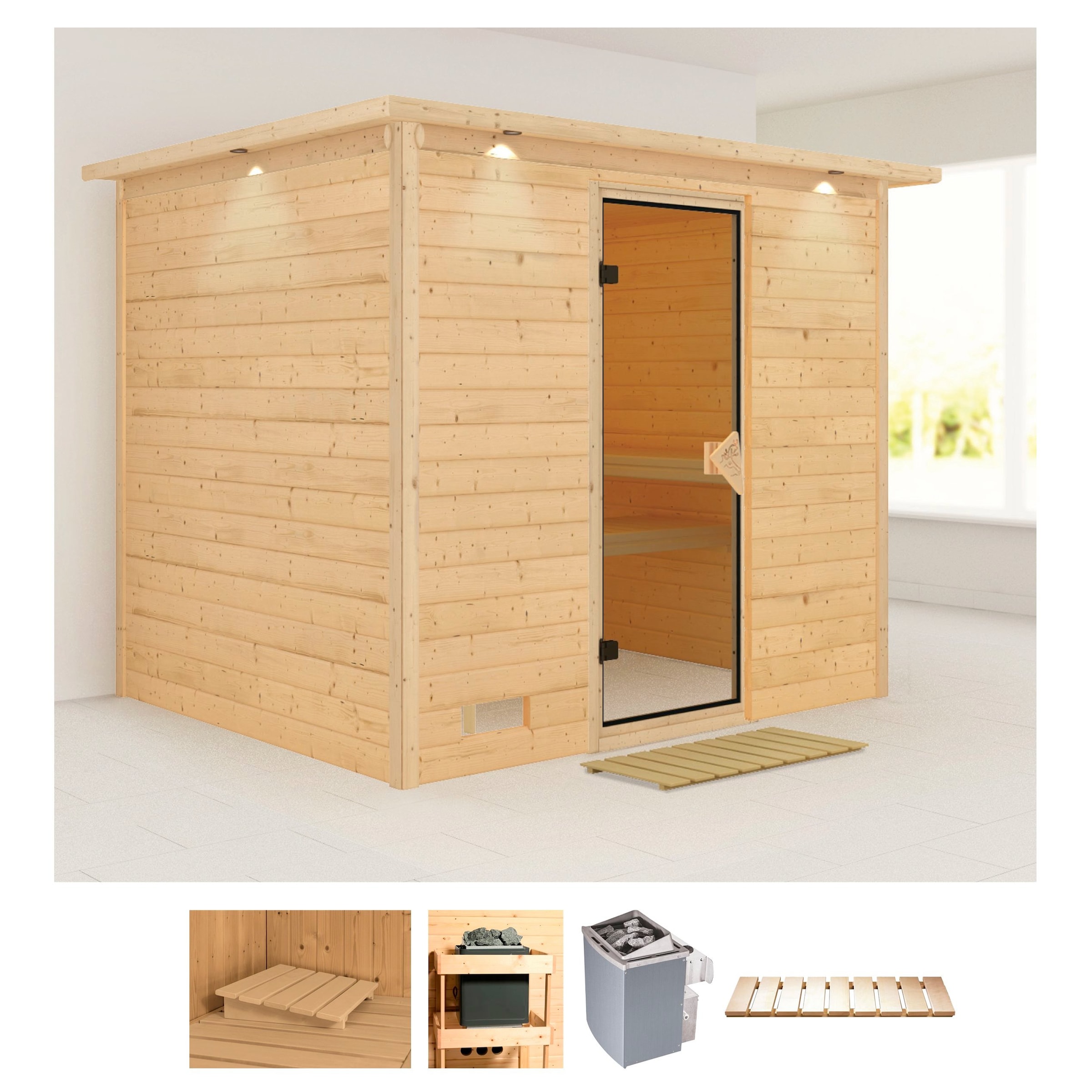 Karibu Sauna »Soraja«, (Set), 9-kW-Ofen mit integrierter Steuerung günstig online kaufen