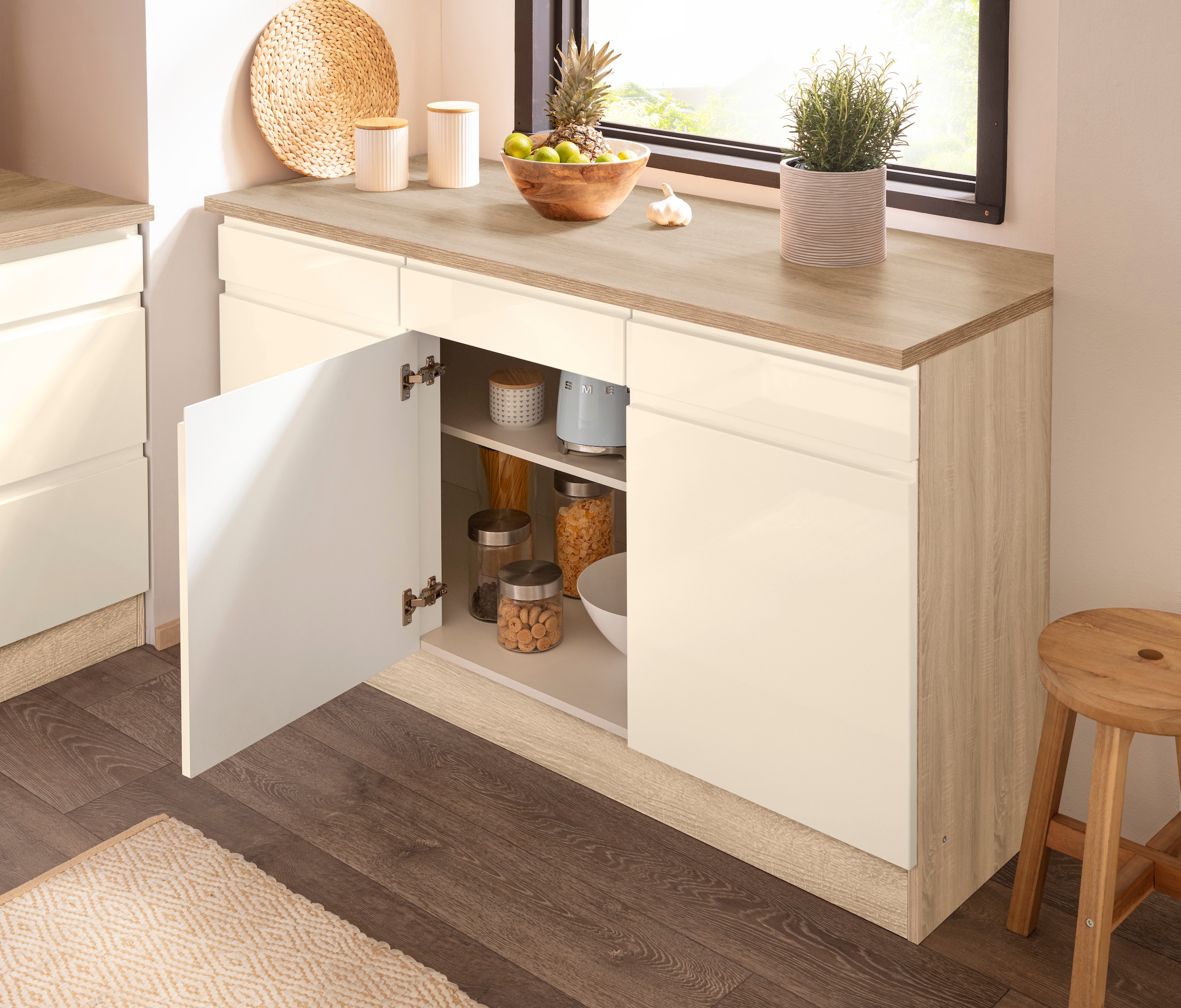 KOCHSTATION Unterschrank »KS-Virginia«, 85 cm hoch, 150 cm breit, 3 Schubladen, 3 Türen, griffloses Design