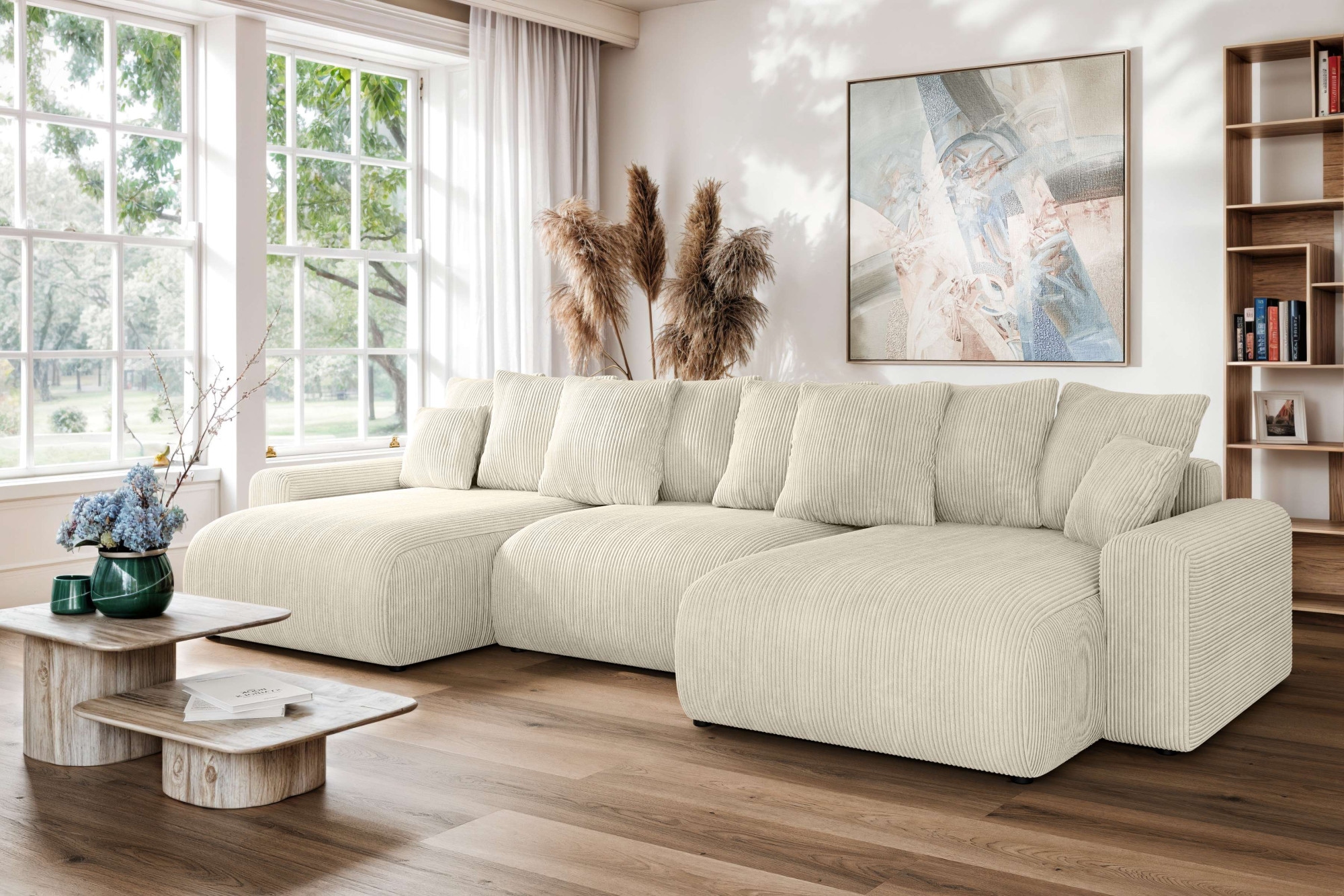 Home affaire Wohnlandschaft »LAKESIDE mit Bettfunktion und Bettkasten, Maße B/T/H: 332,5/142/84 cm«, U‑Form mit vielen Kissen und Wellenunterfederung