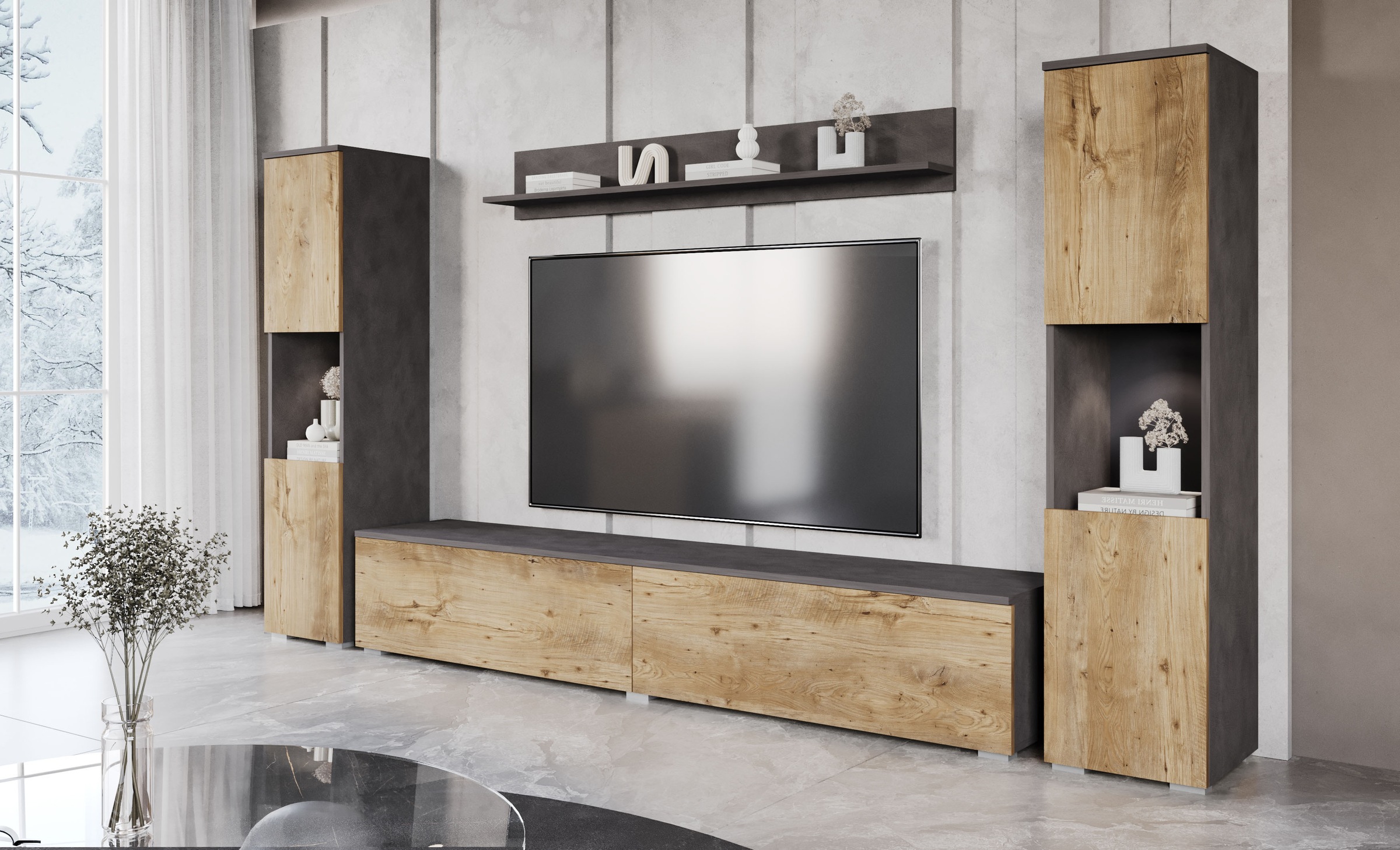 INOSIGN Wohnwand »PARIS, Vitrine Türanschlag links/rechts wechselbar«, (Komplett-Set, 4 St.), grifflose Design, stehend und hängend montierbar