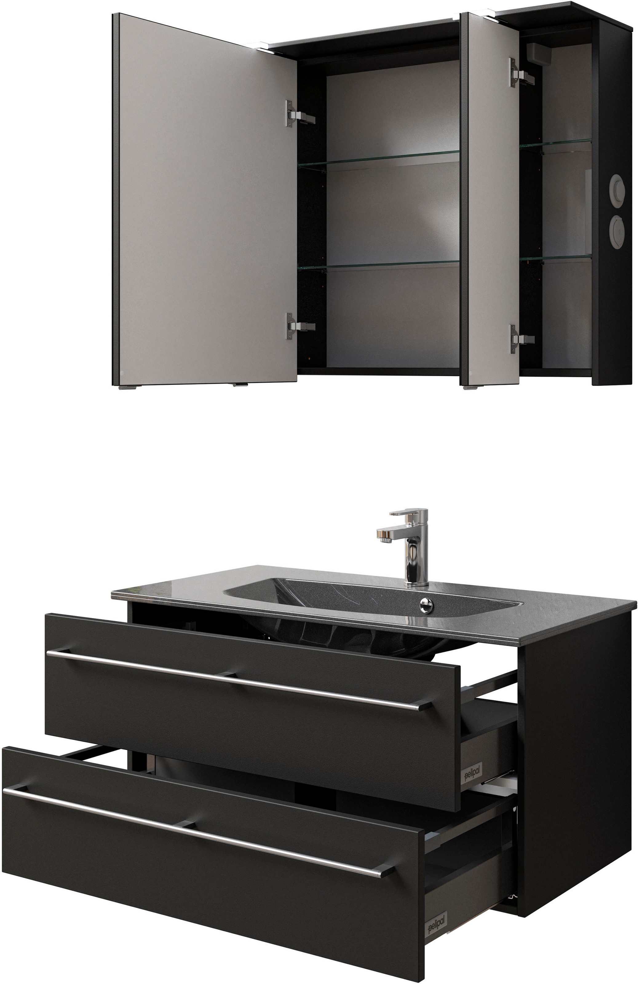 Saphir Badmöbel-Set »Serie 6025 2-teilig Mineralmarmor-Waschtisch mit LED-Spiegelschrank«, (2 St.), Waschplatz 97 cm breit, 2 Schubladen, 3 Spiegel-Türen, inkl Türdämpfer
