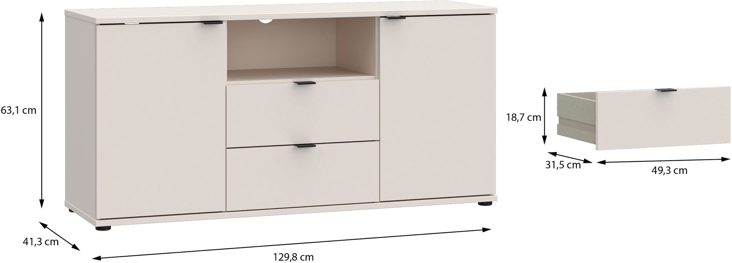 FORTE Lowboard »Ganymede«, (Breite 129,8cm), TV Board, Stauraum, Schublade; Metallgriffe, Kabelführung