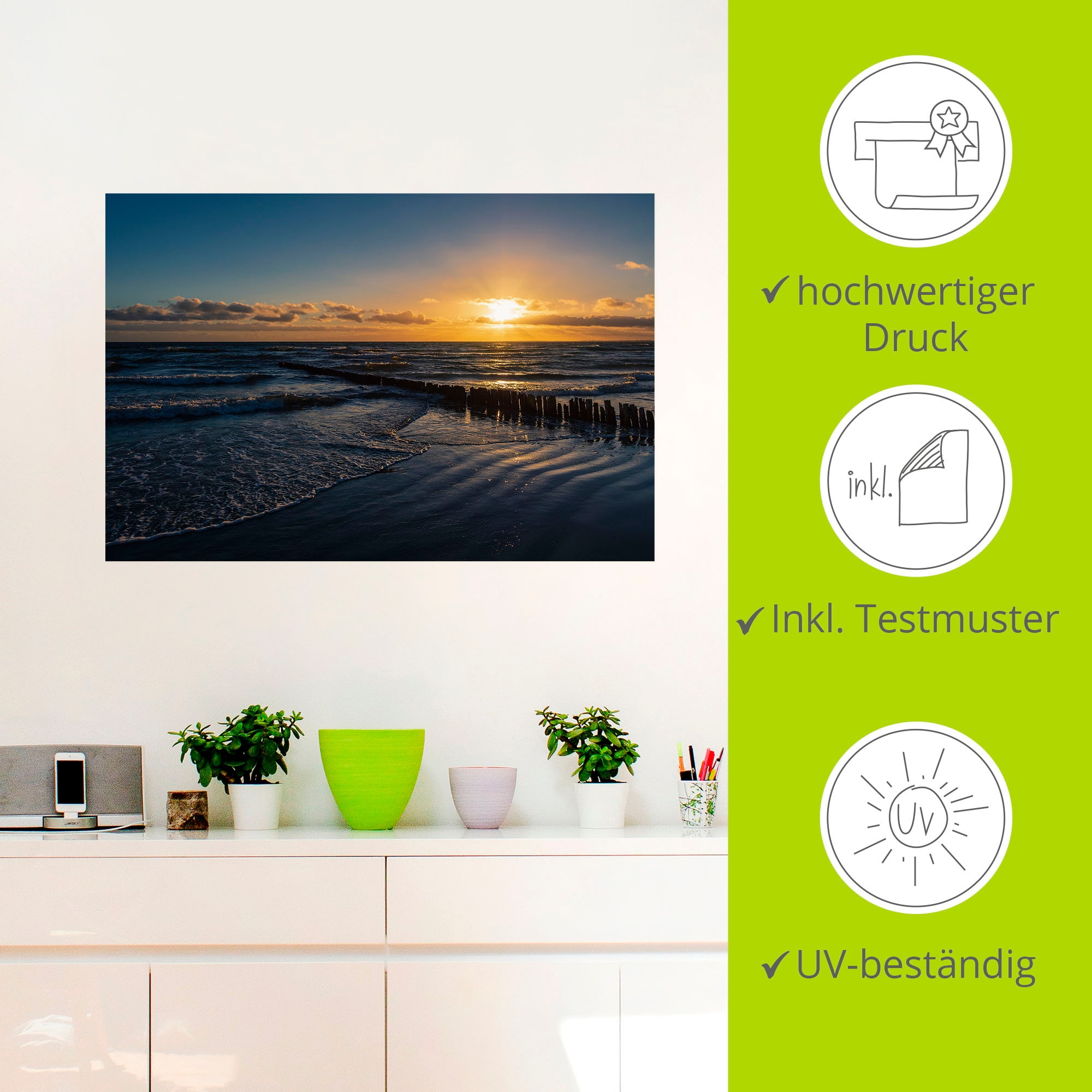 Artland Wandbild »Ostseeküste auf der Insel Moen Dänemark«, Bilder vom Sonnenuntergang & -aufgang (1 Stück), in vielen Größen & Produktarten - Alubild / Outdoorbild, Leinwandbild, Poster, Wandaufkleber / Wandtattoo auch für Badezimmer geeignet