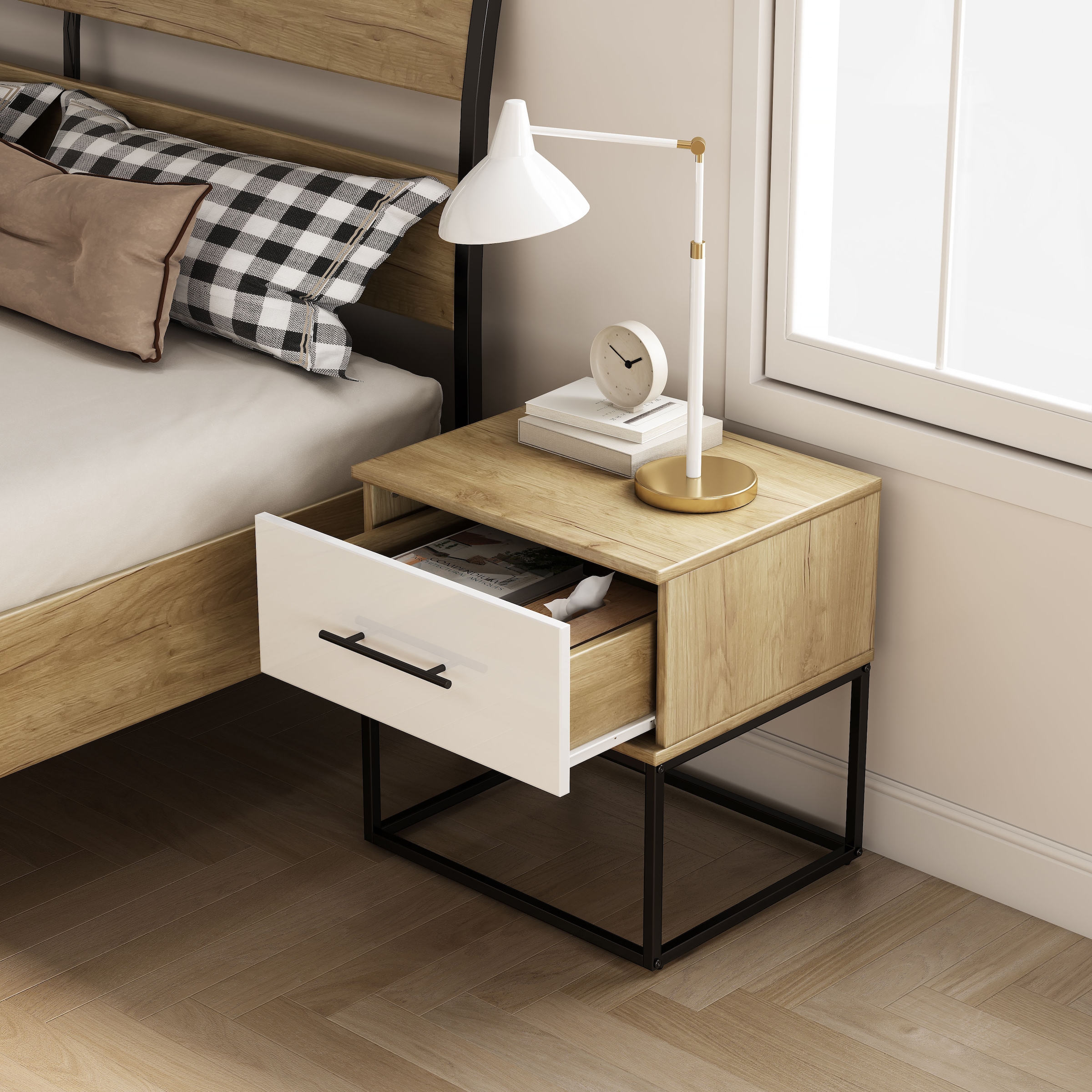 OTTO home Nachtkommode »Lucca Nachttisch Set mit Metallkufen und schwarzen Griffen« Set, 2 Schränke im Set , Hochglanz Fronten in weiß, 