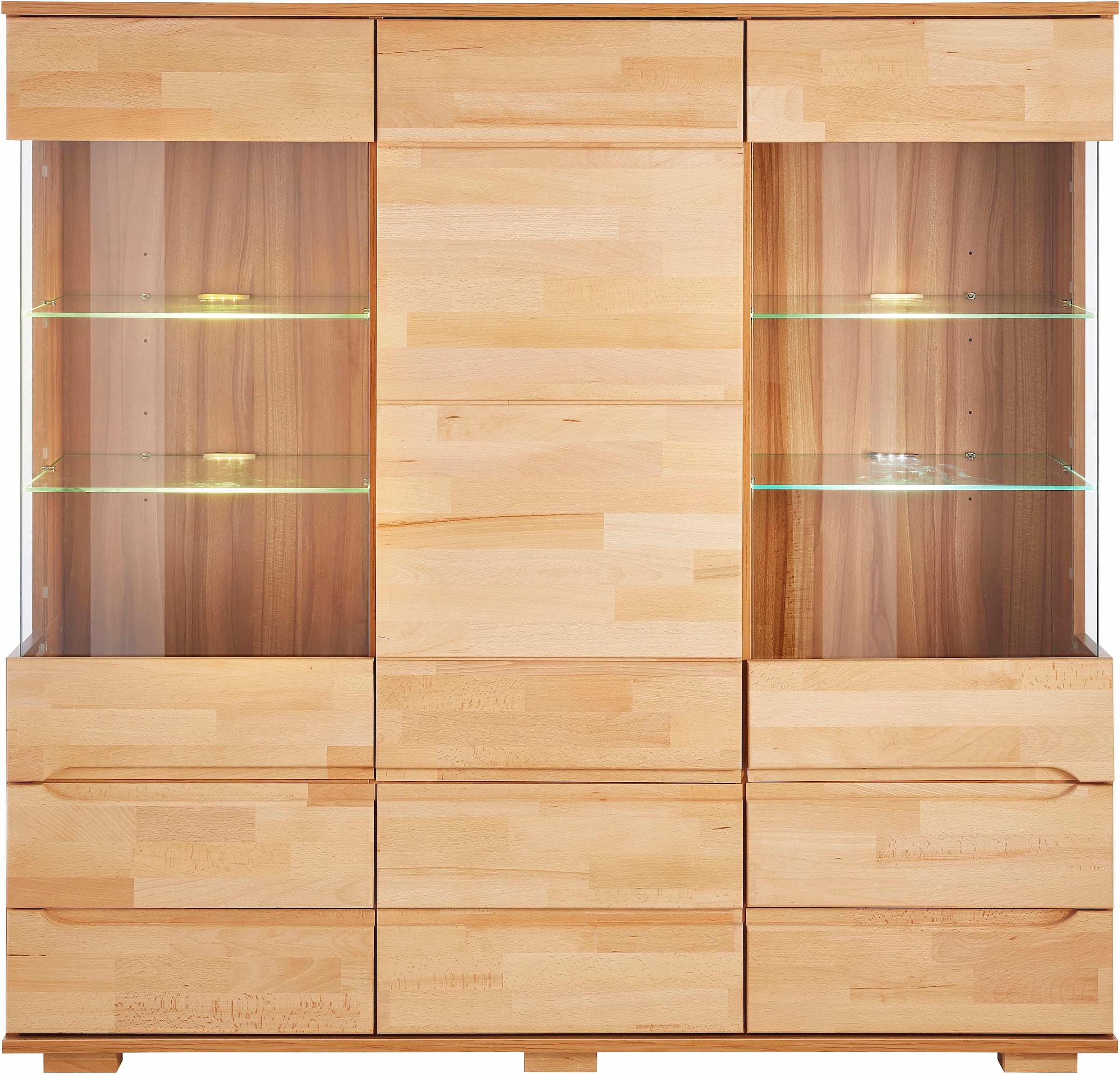 Home affaire Highboard »Vetro,150cm breit,40 cm tief,Fronten Massivholz,9 Fächer«, Kernbuche massiv, Holzwerkstoff, 3Türen,6 Schubladen, Griffmulden