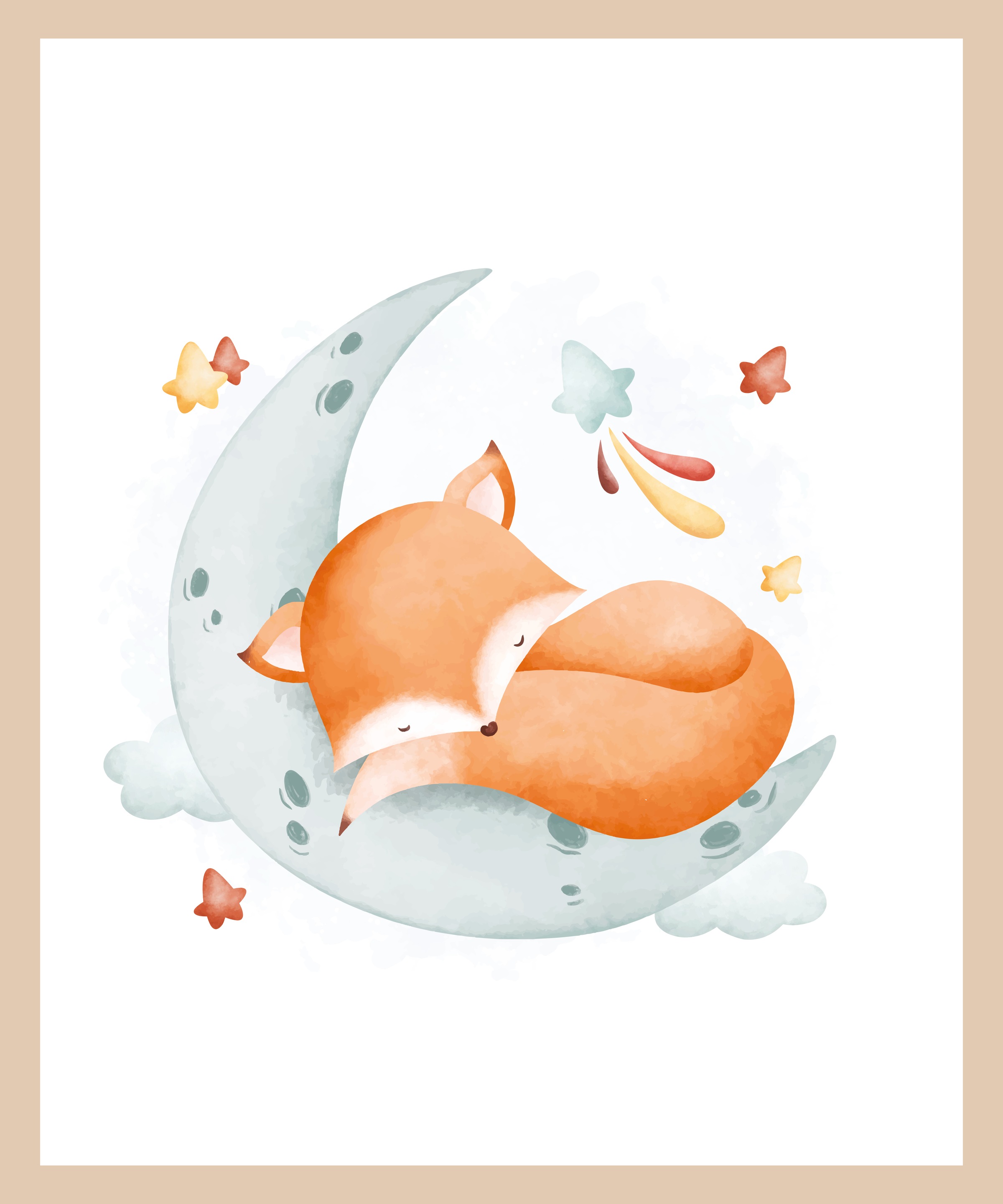 Lüttenhütt Bild mit Rahmen »Schlafender Fuchs auf Mond mit Sternen«, Fantasy-Füchse-Tiere, (1 St.), Premium Rahmenbild, Motive in wunderschönen Pastelltönen