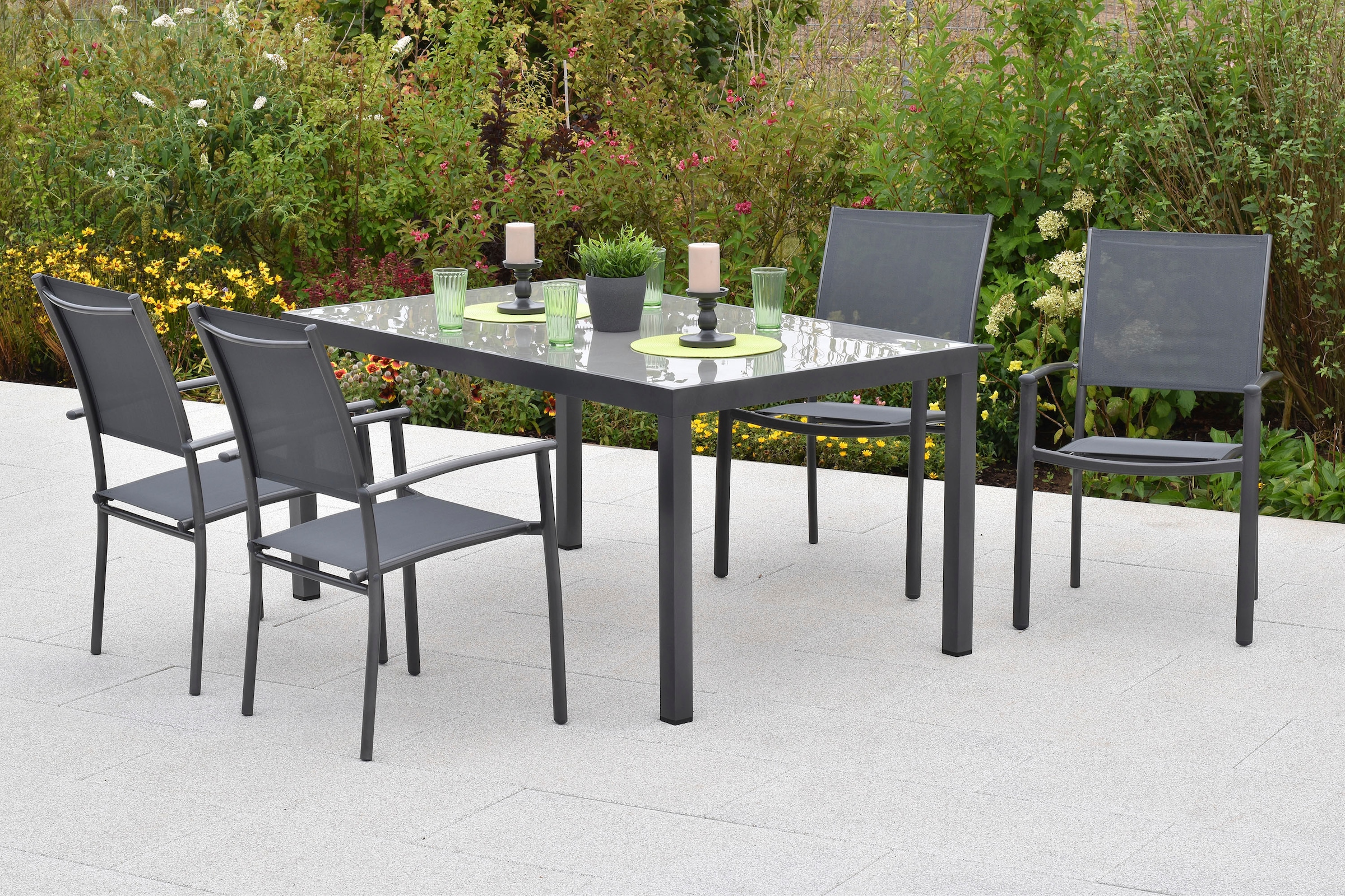 MERXX Garten-Essgruppe »»Milano««, (Set, 5 tlg.), Sessel stapelbar, graue Glasplatte