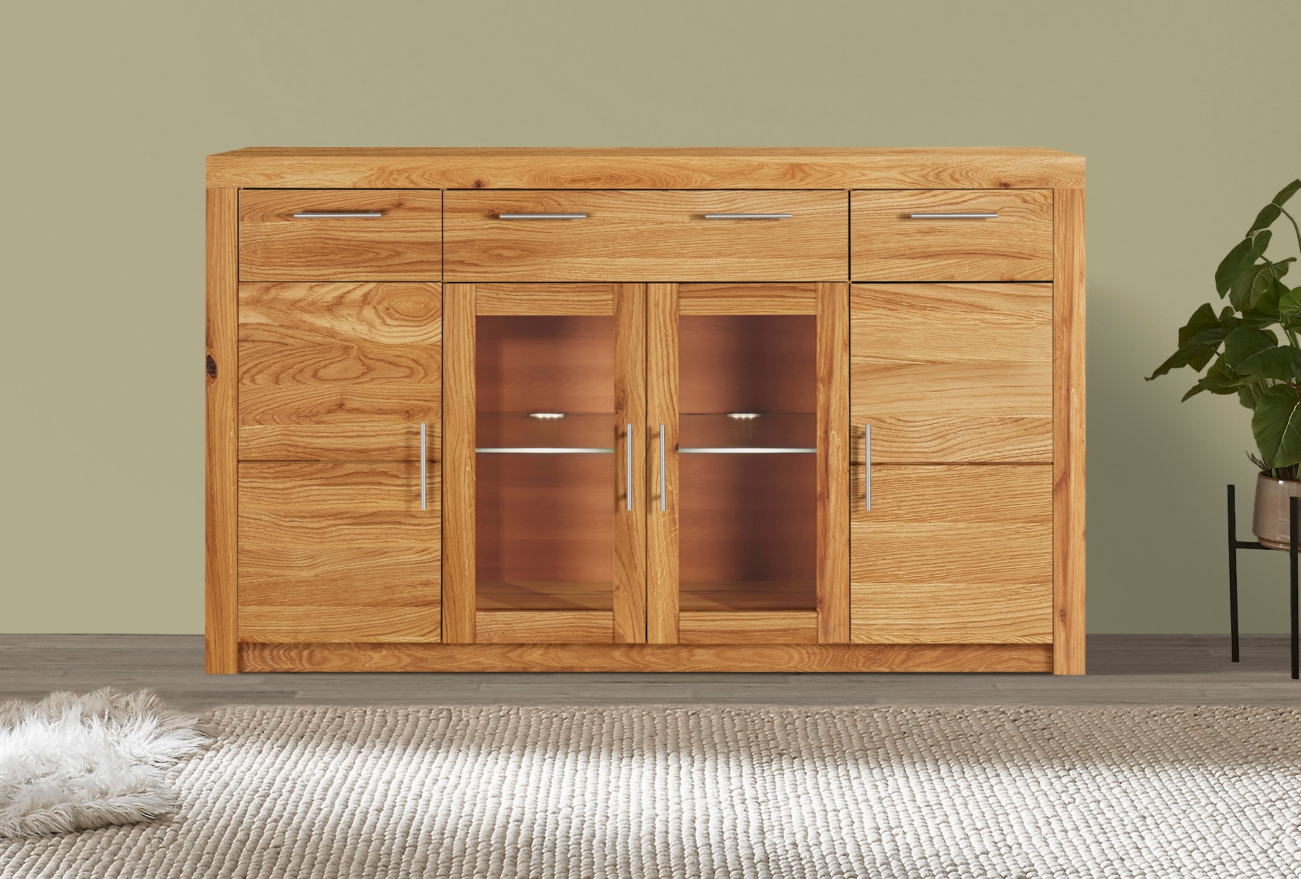 VOGL Möbelfabrik Highboard »Toronto«, opt. Glastüren, teilmassiv, Rahmenoptik, Made in Germany