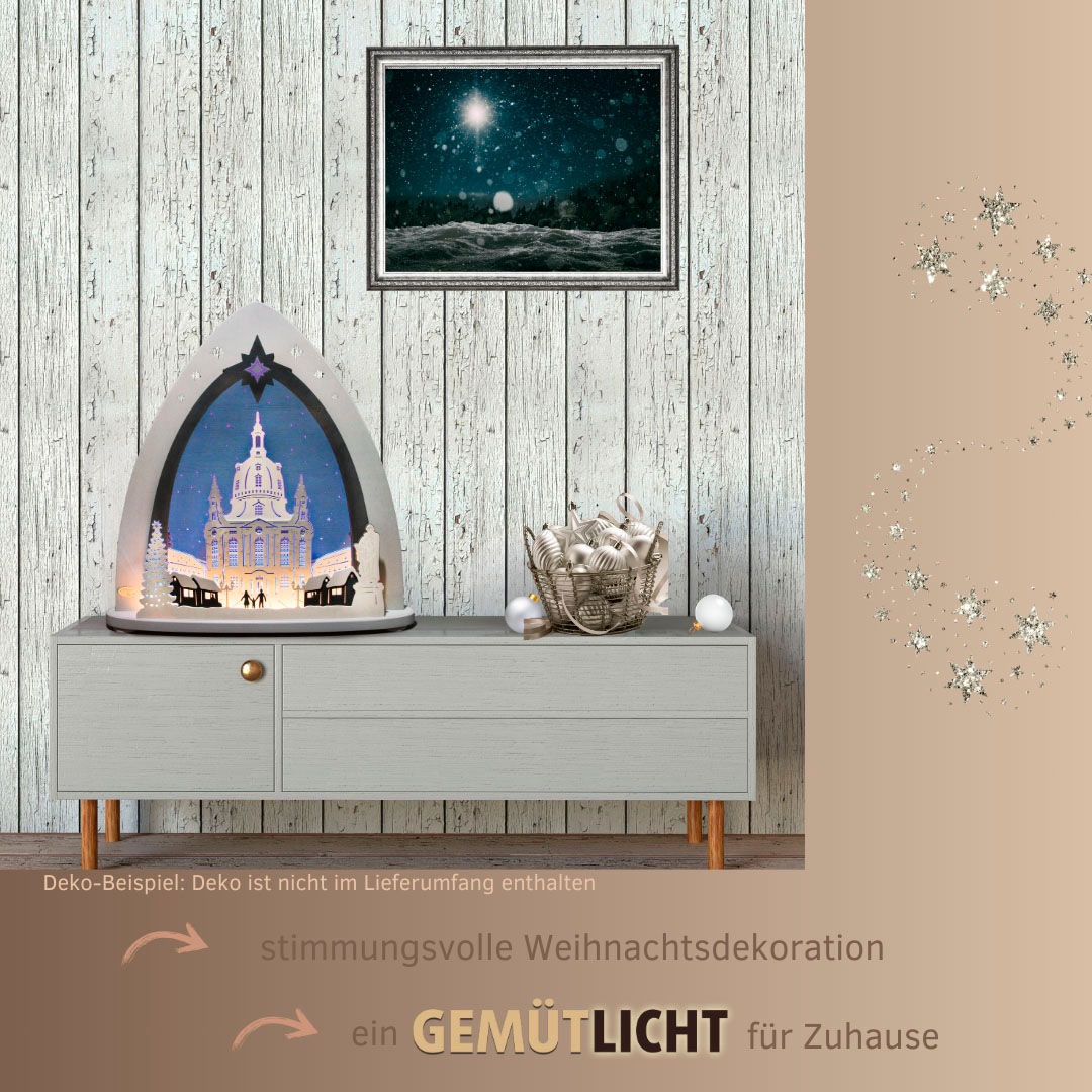 Weigla Lichterbogen »Dresdner Frauenkirche, moderne LED Lichterspitze aus Holz & Acrylglas«, Erzgebirge garantiert, Weihnachtsdeko Innen, Weihnachtsbeleuchtung