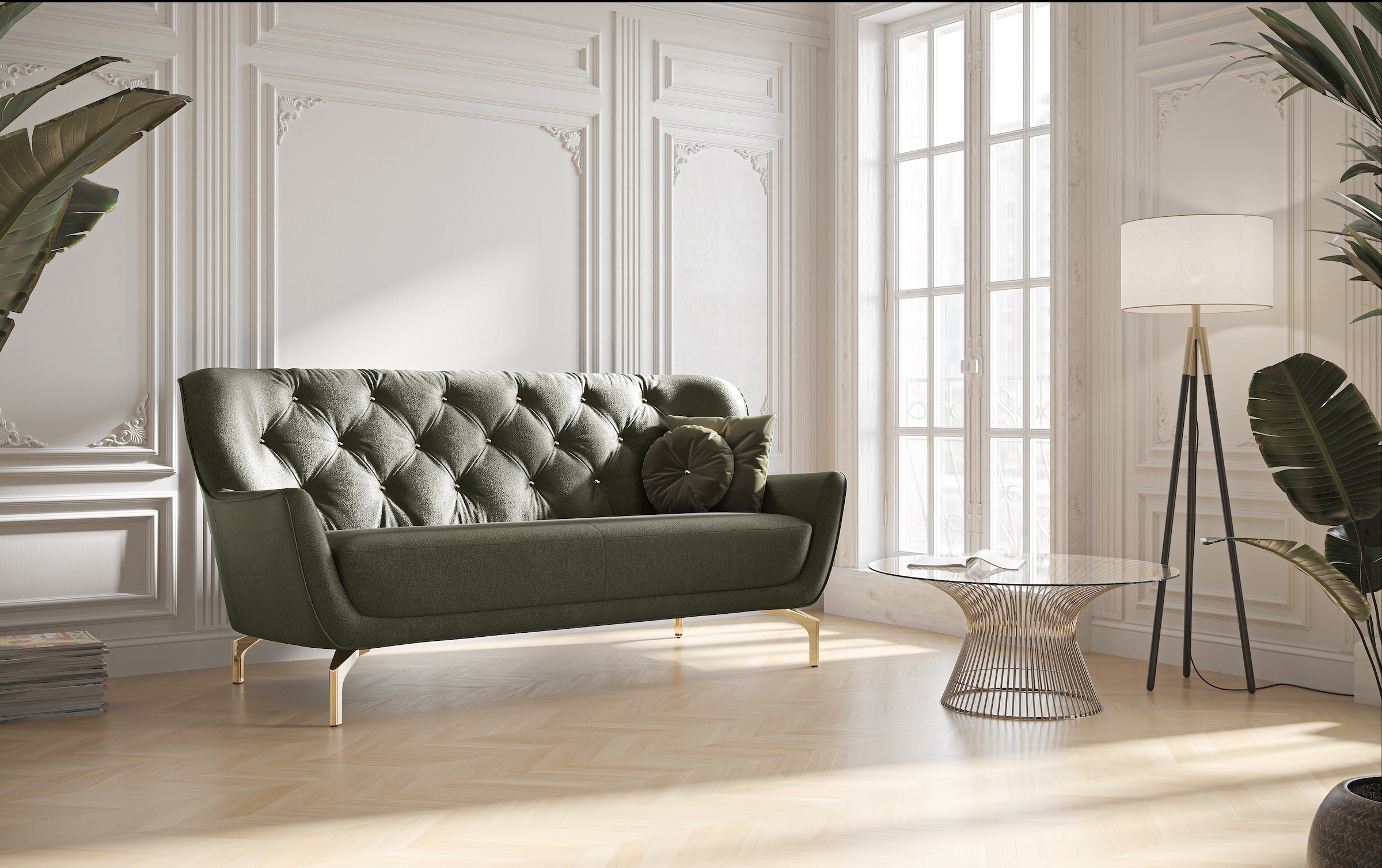 sit&more 3-Sitzer »Orient 3« inkl. 2 Zierkissen mit Strass-Stein, goldfarbene Metallfüße