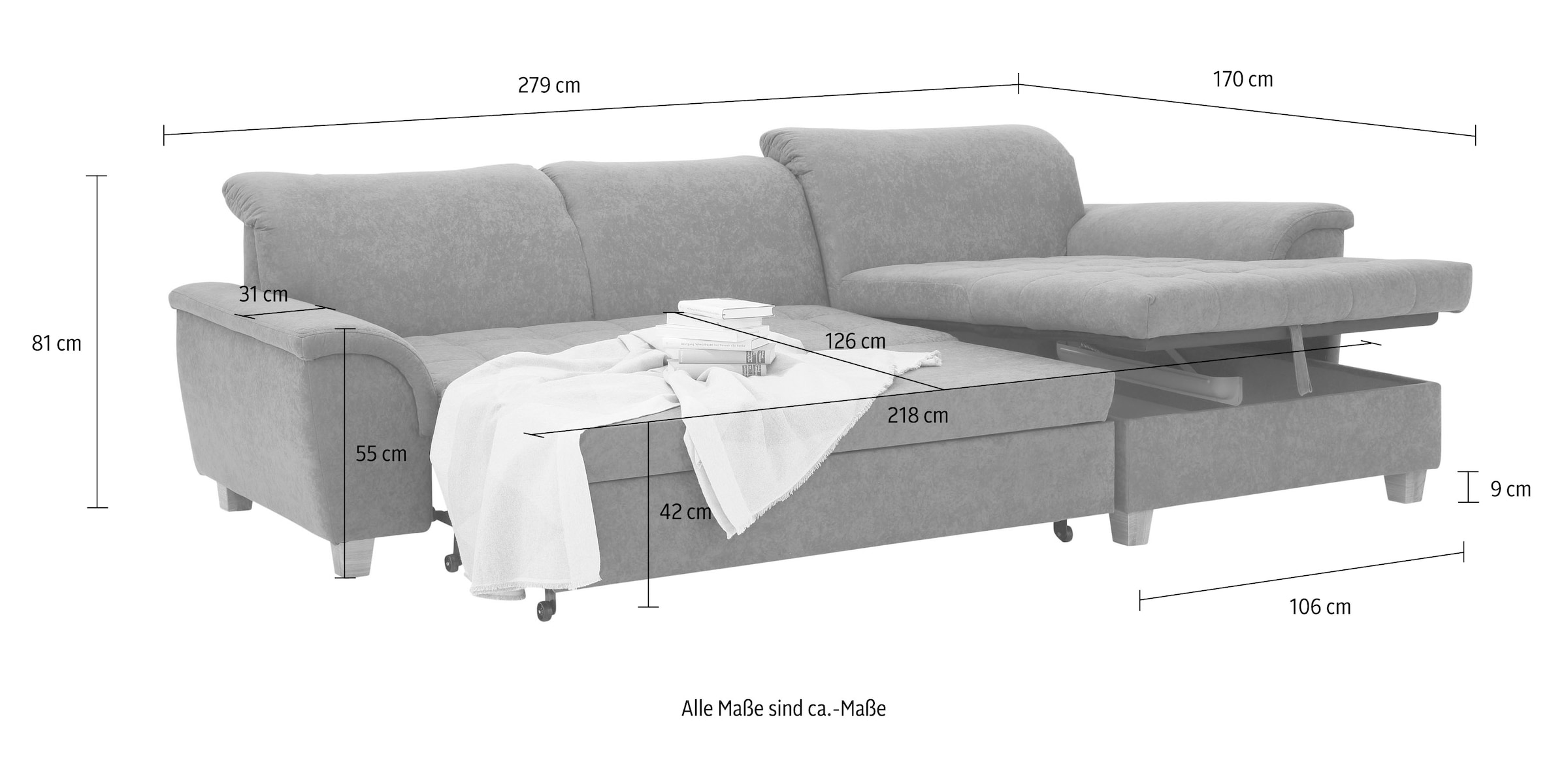 Home affaire Ecksofa »Lyla L-Form«, mit Recamiere, wahlweise mit Rückenfunktion und zusätzlich mit Bett