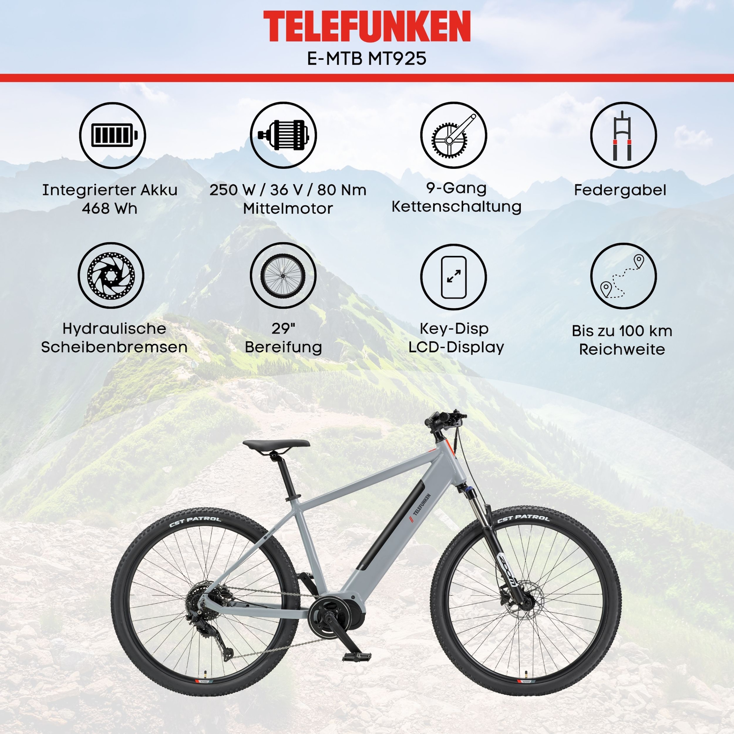 Telefunken »Aufsteiger MT925« 9 Gang Shimano Cues Schaltwerk Kettenschaltung Mittelmotor 250 W Pedelec, Elektrofahrrad, Damen u. Herren, E-MTB, Mountainbike, 29 Zoll