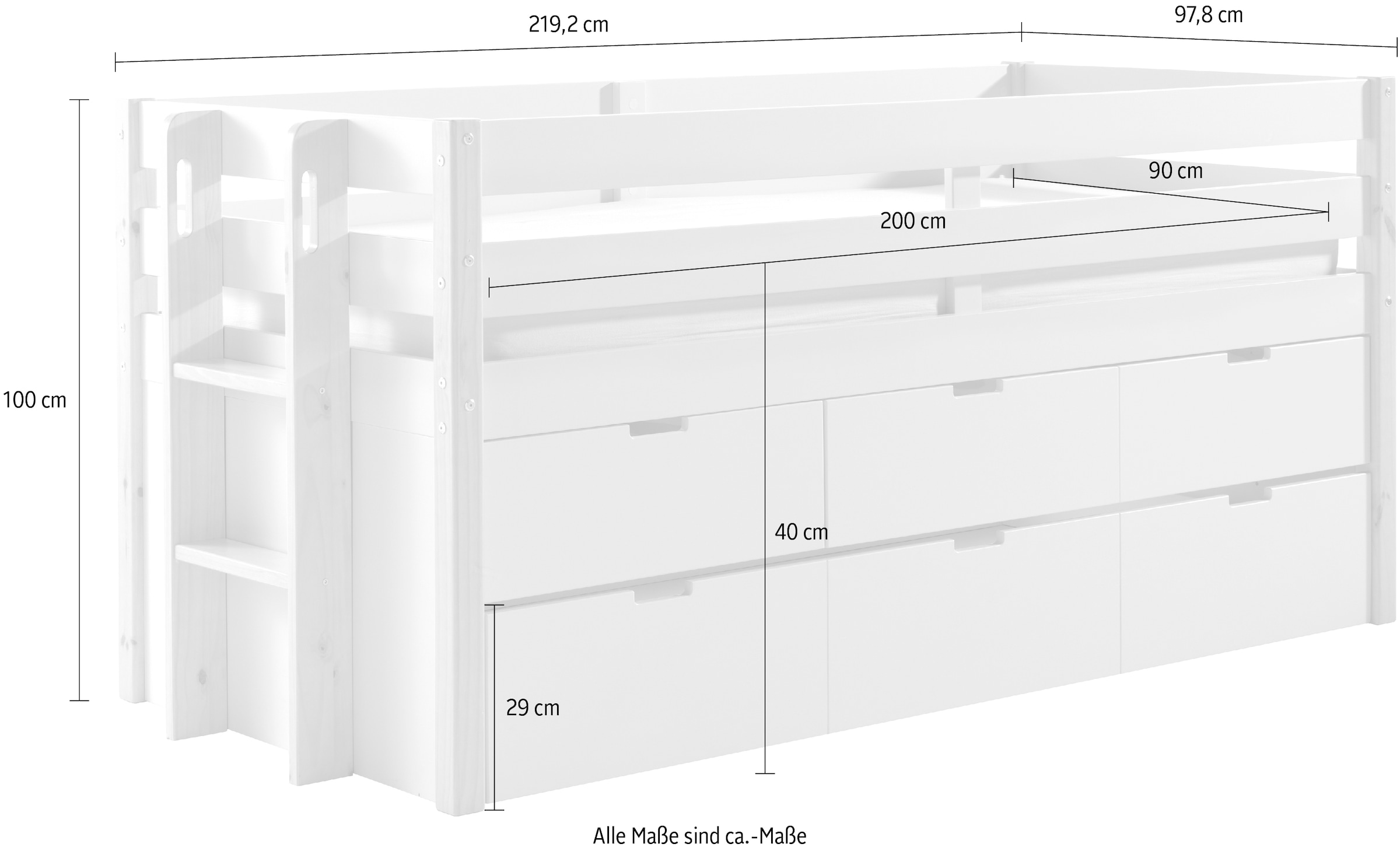 Vipack Hochbett »Magrit, mit 3 geräumingen Schubladen, viel Stauraum, moderne Optik«, (B/H/T ca. 219,4x100x97,8cm, MDF weiß lackiert, Kiefer natur), wahlweise mit oder ohne Bettschublade als zusätzlichen Stauraum
