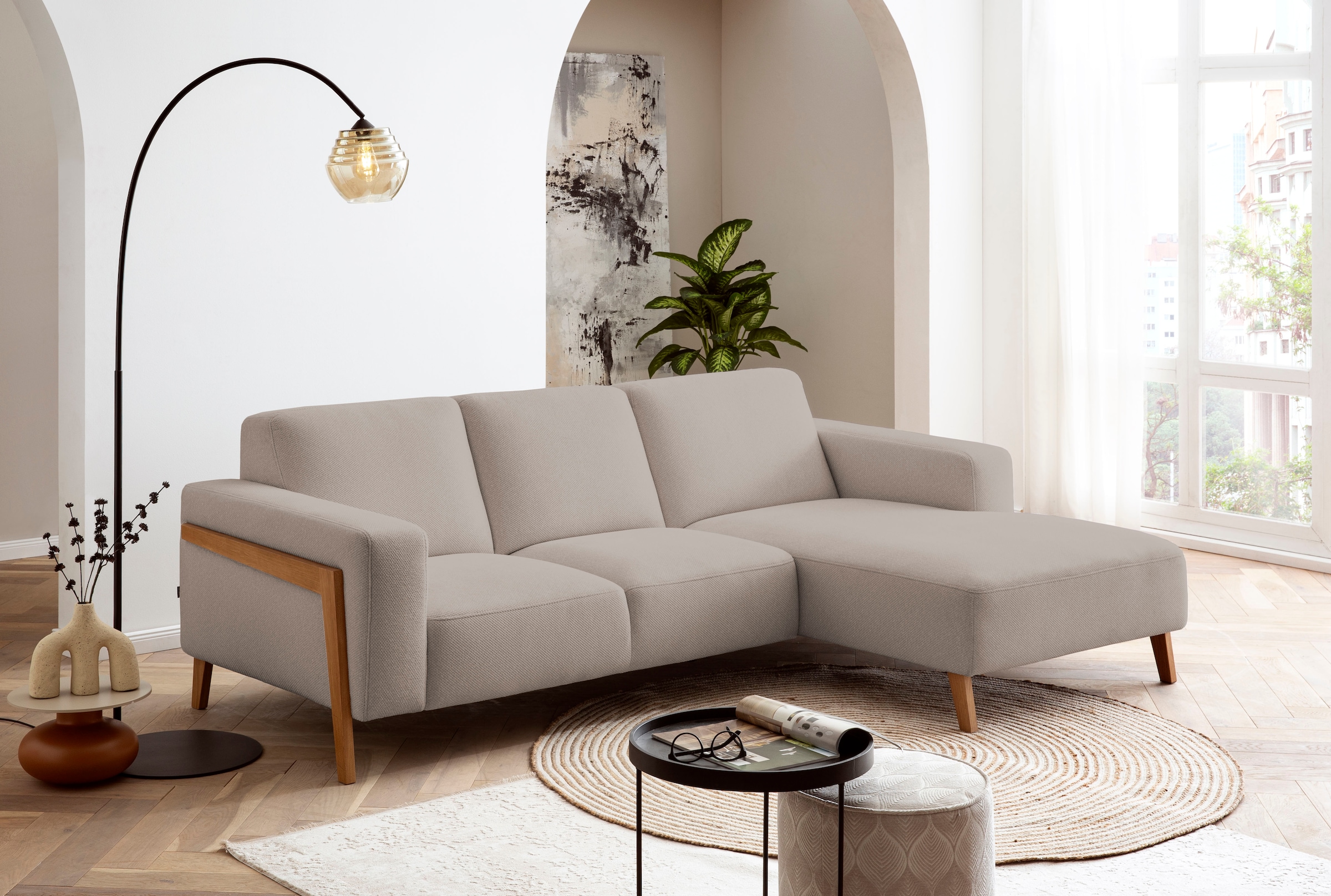 exxpo - sofa fashion Ecksofa »Starr Scandic Design, tolle Verarbeitung, bequem, Sichtholz am Armteil«, L-Form, wahlw. elektrische Sitztiefenverstellung, Massivholzfüße