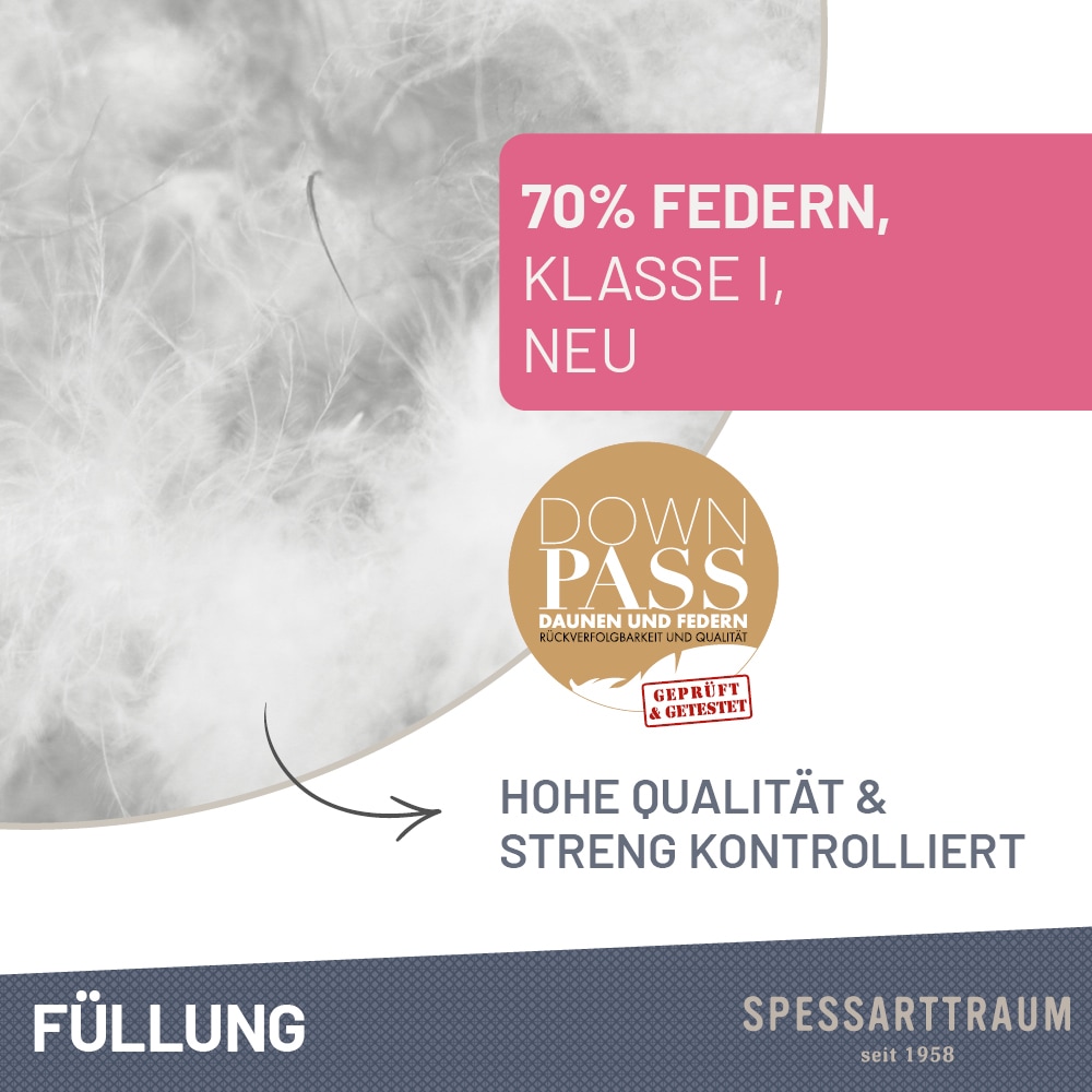 SPESSARTTRAUM Federkopfkissen »First Class«, Füllung: 70% Federn / 30% Daunen, Klasse 1, Downpass zertifiziert, Bezug: 100% Baumwolle, Made in Green, Hausstauballergiker geeignet, (1 St.), gute Stützkraft, Seitenschläfer & Rückenschläfer