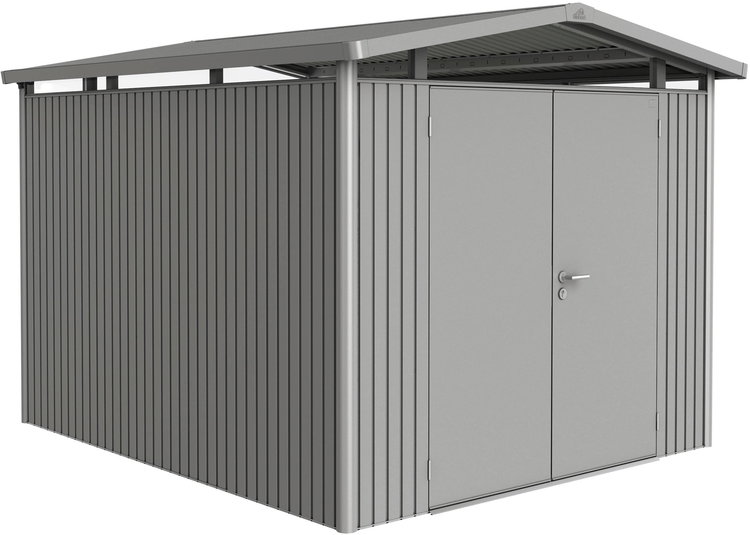 BIOHORT Gerätehaus »PANORAMA Gr. P5 quarzgrau-metallic mit Doppeltür« aus Metall mit umlaufendem Acrylglas-Lichtband quarzgrau-metallic