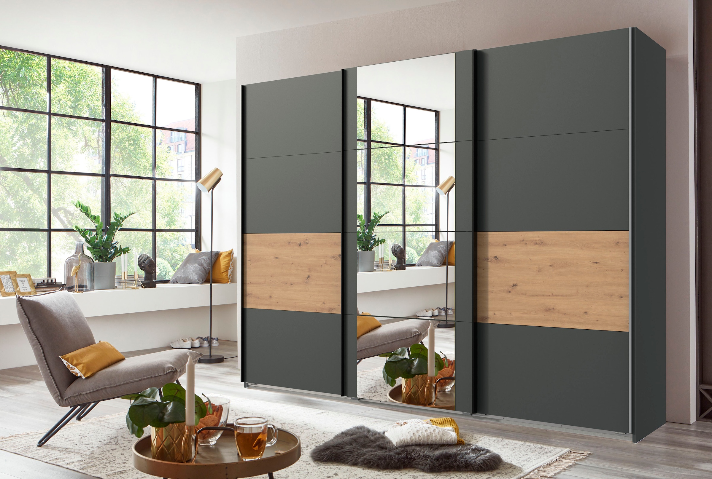 Wimex Schwebetürenschrank »Barmbek Schlafzimmerschrank BESTSELLER Garderobenschrank«, Kleiderschrank mit 2 Stoffboxen und 2 zusätzlichen Böden, Spiegeltür