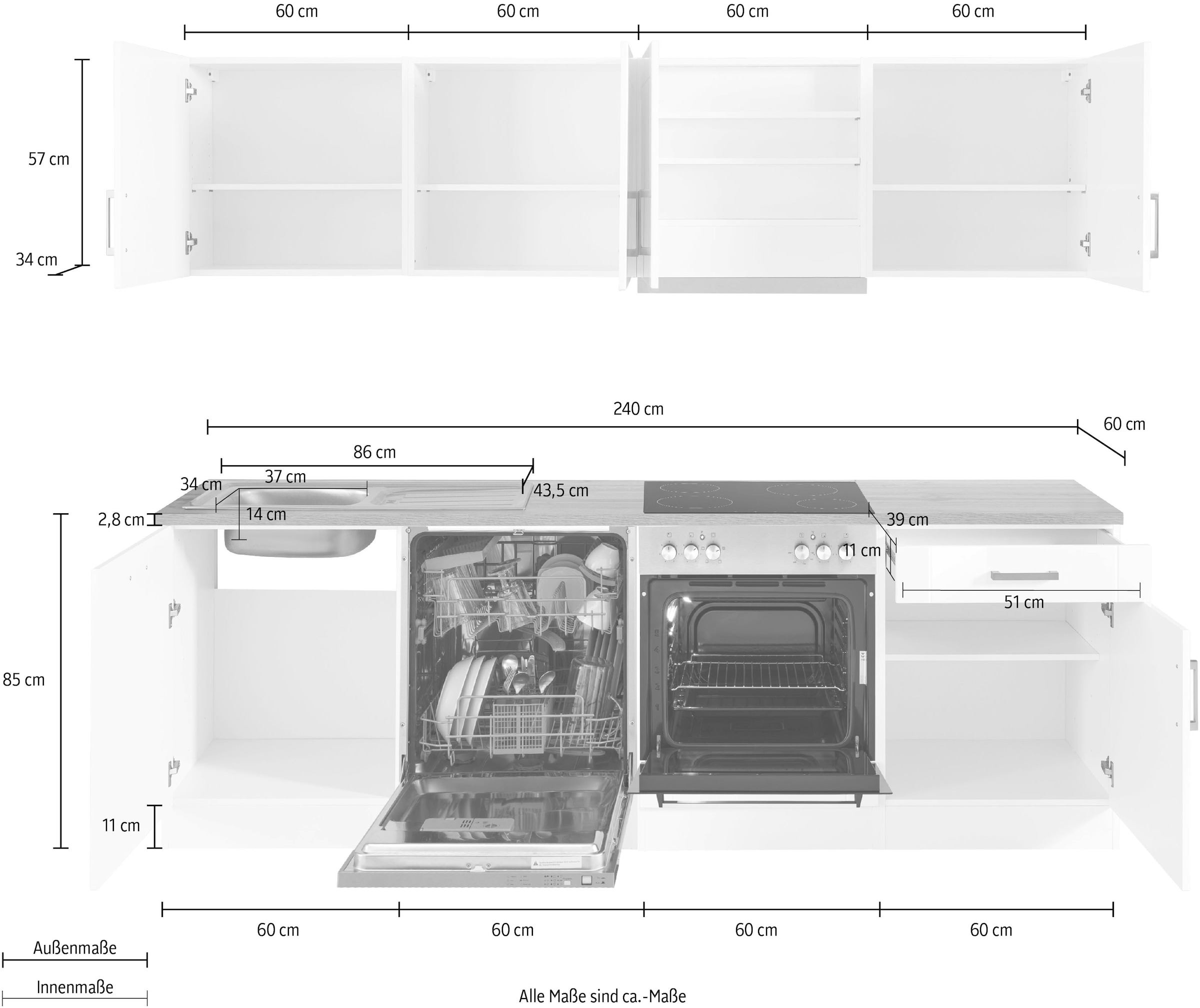 KOCHSTATION Küchenzeile »KS-Tinnum«, mit E-Geräten, Breite 240 cm