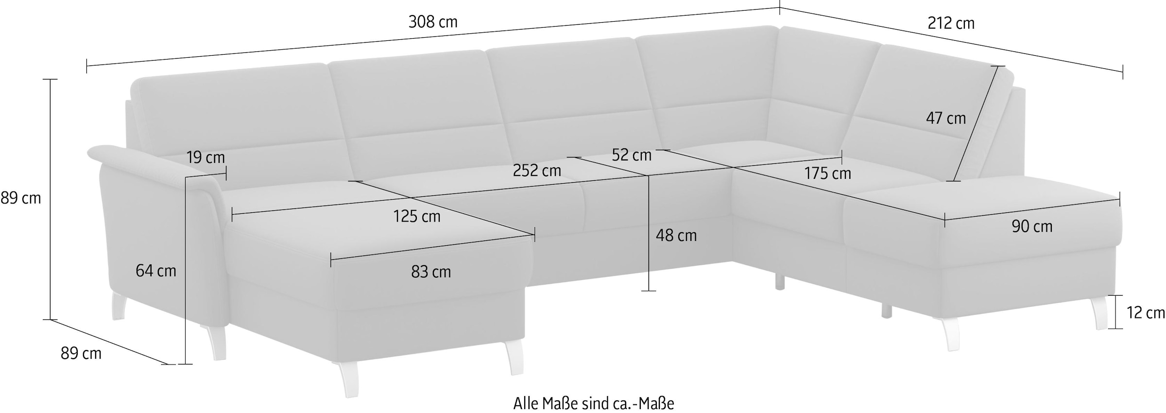sit&more Wohnlandschaft »Palmera U-Form, B: 308 cm« optional Bettfunktion & Bettkasten, Federkern