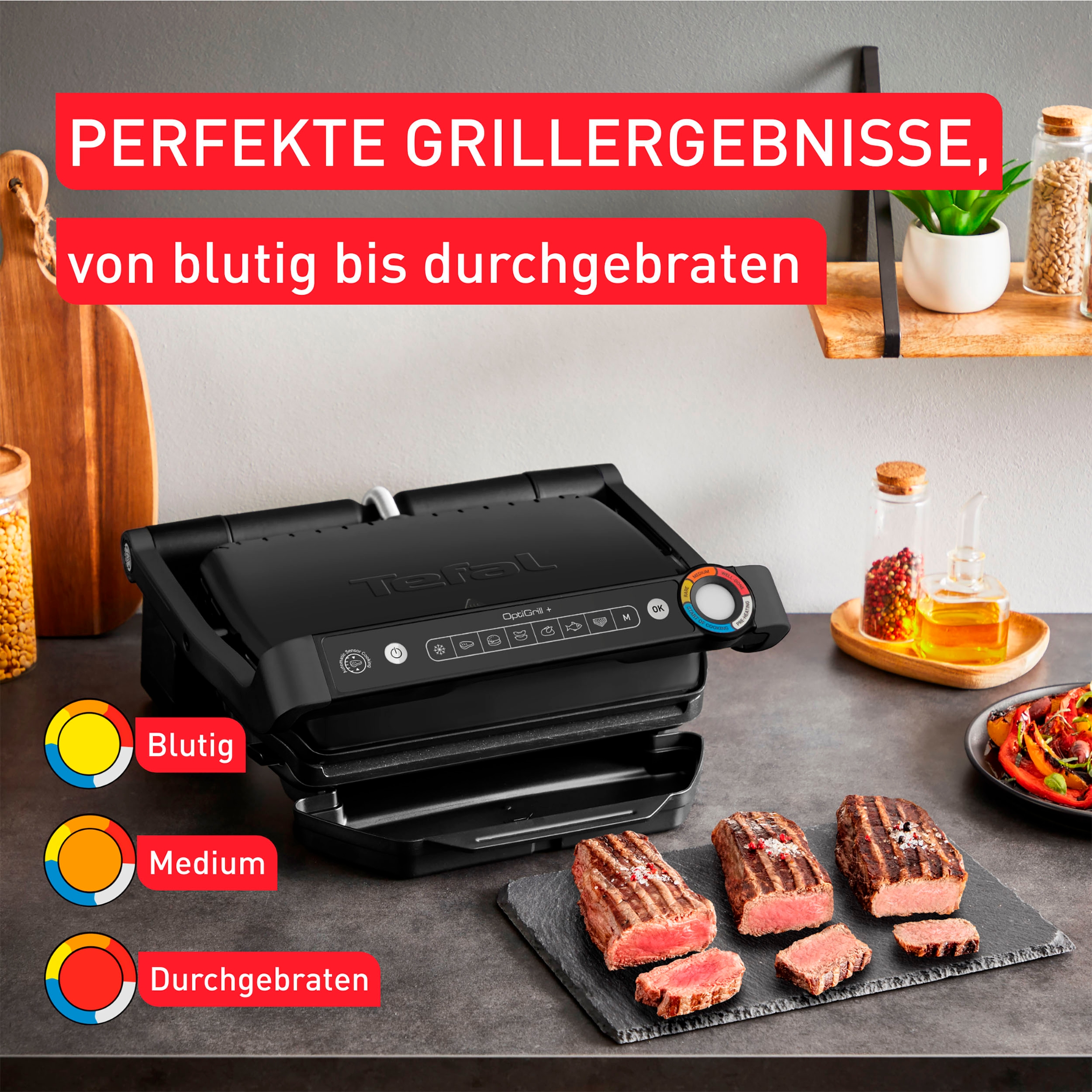 Tefal Kontaktgrill »GC717810 OptiGrill+«, 2000 W, erneuerte Kochstufenanzeige, 6 Automatikprogramme, inkl. Rezeptbuch