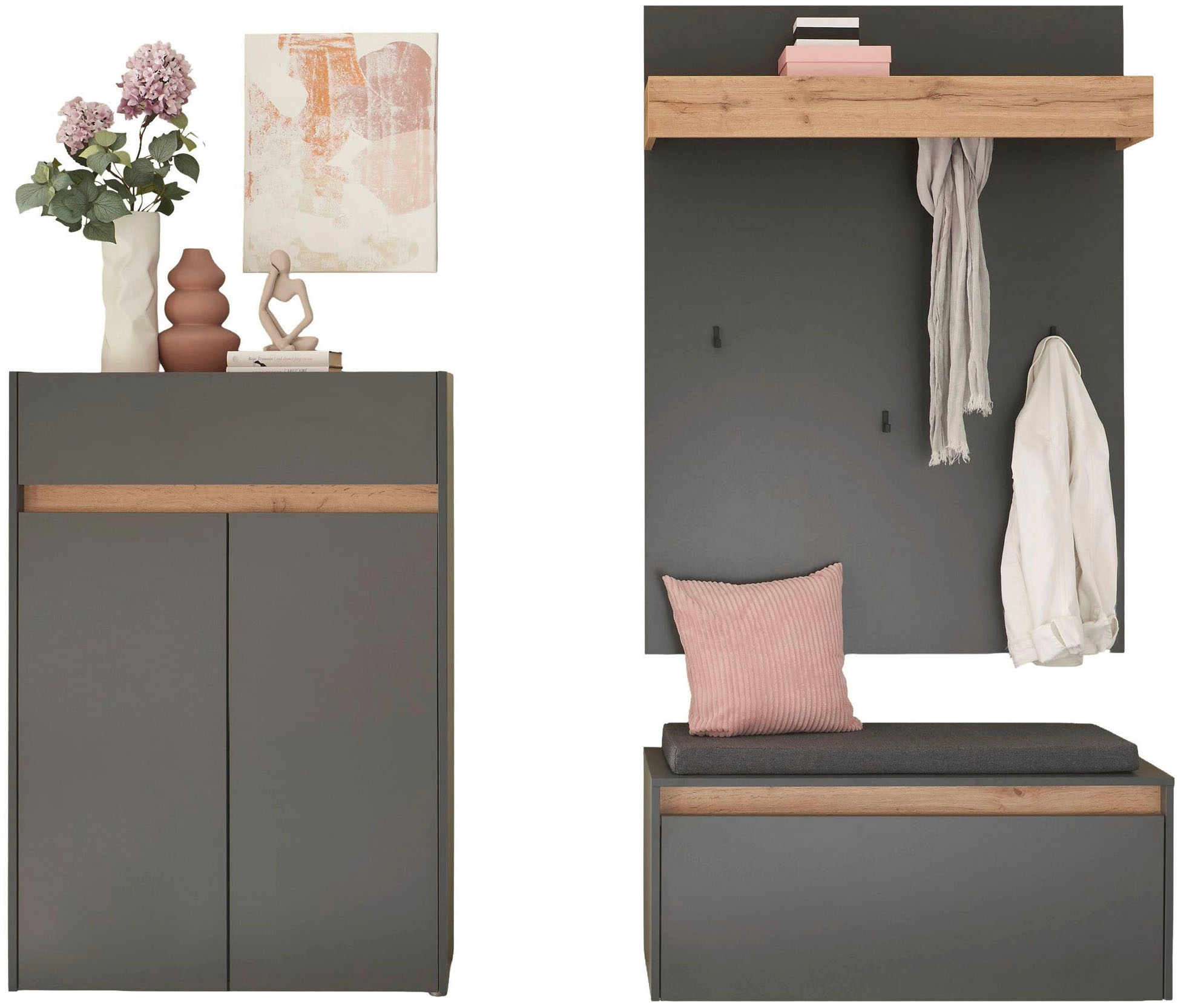 INOSIGN Garderoben-Set »City/Giron, moderne Garderobe, viel Stauraum, ca. 24 Schuhe«, (Set, 3 St.), enthält Schuhschrank, Garderobenpaneel & Garderobenbank mit Sitzkissen