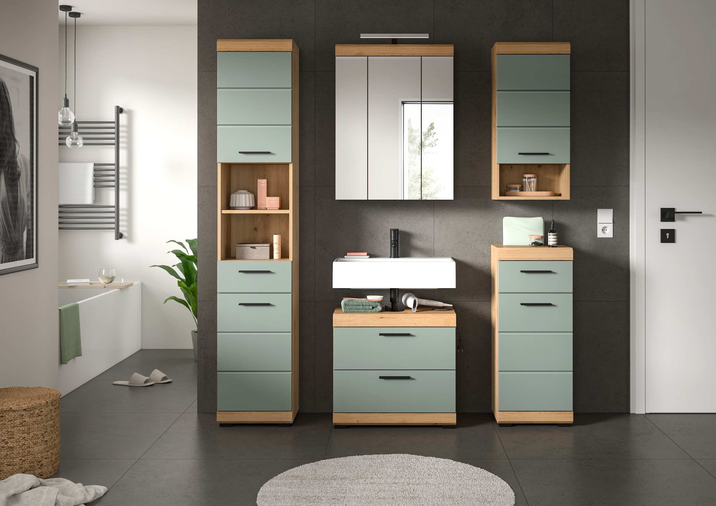INOSIGN Badmöbel-Set »Siena, 5 teilig, inklusive LED Beleuchtung, bestehend aus:«, (Set), Hochschrank, WBU, Spiegelschrank, Unterschrank, Hängeschrank