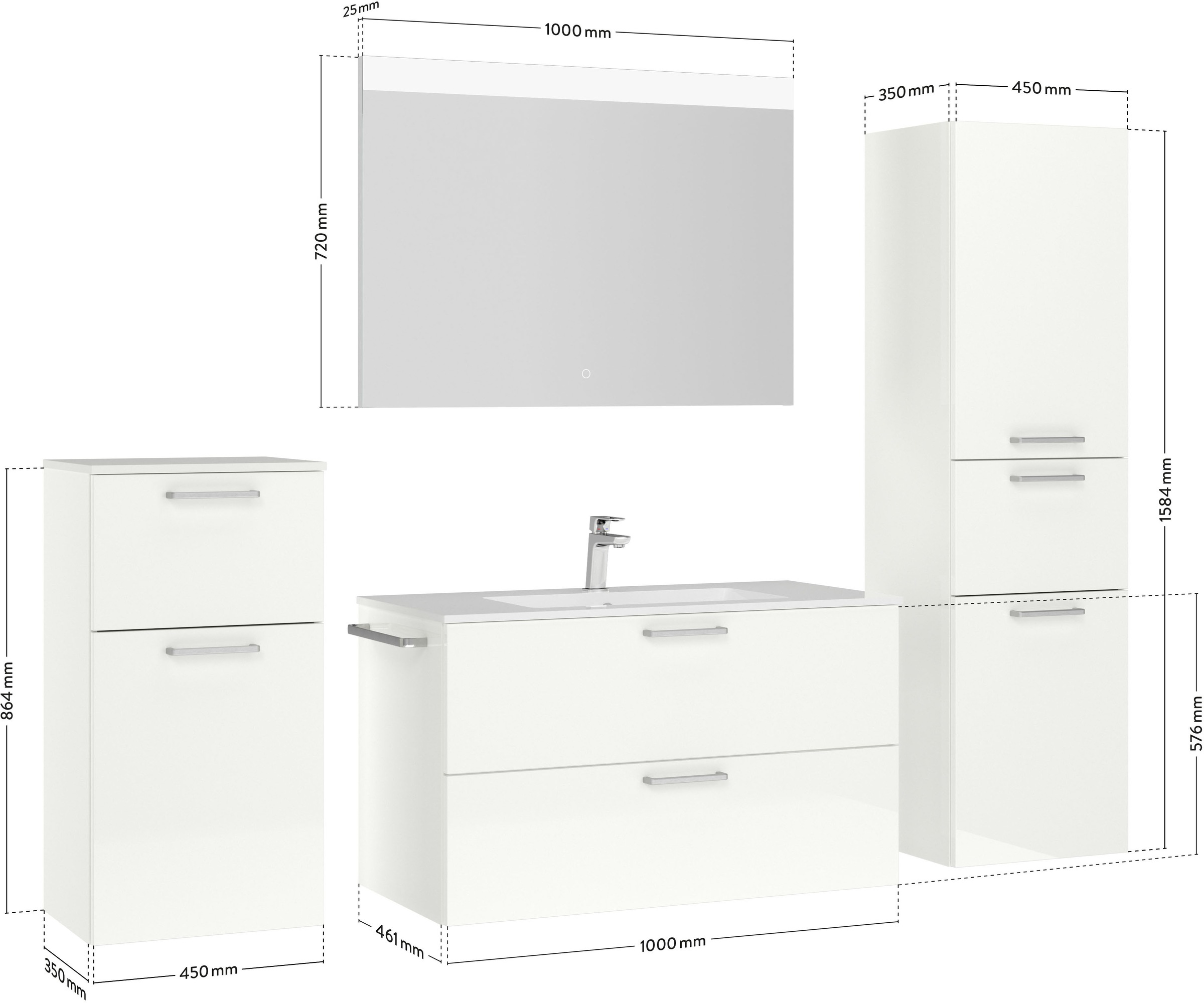 nobilia® Badmöbel-Set »Tolvina«, (4 St., vormontiert, mit Soft-Close), Hochglanz, inkl. Spiegel mit Touch-Sensor, in vier Breiten