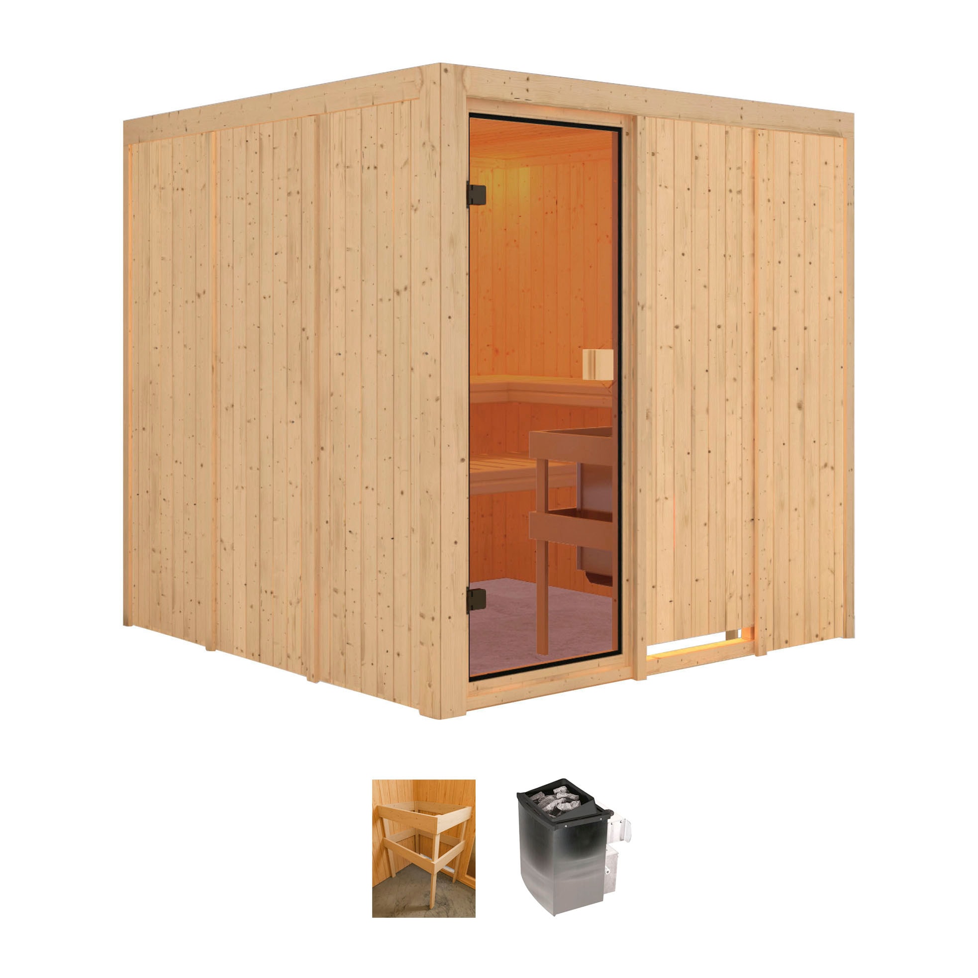 Sauna „Mars“, (Set), 9 kW-Ofen mit int. Steuerung naturbelassen