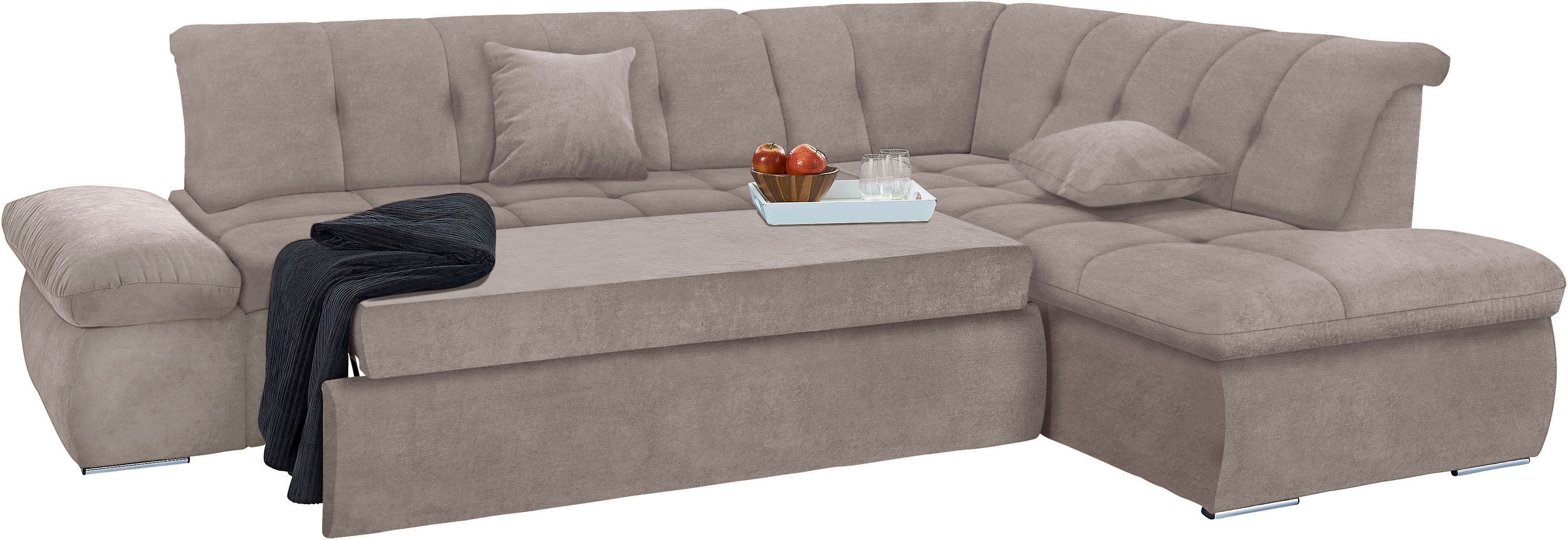 DOMO collection Ecksofa »NMoric incl. Zierkissen B/T/H: 273/216/80 cm L-Form«, Ottomanen-Abschluss, wahlweise mit Bettfunktion und Armlehnverstellung