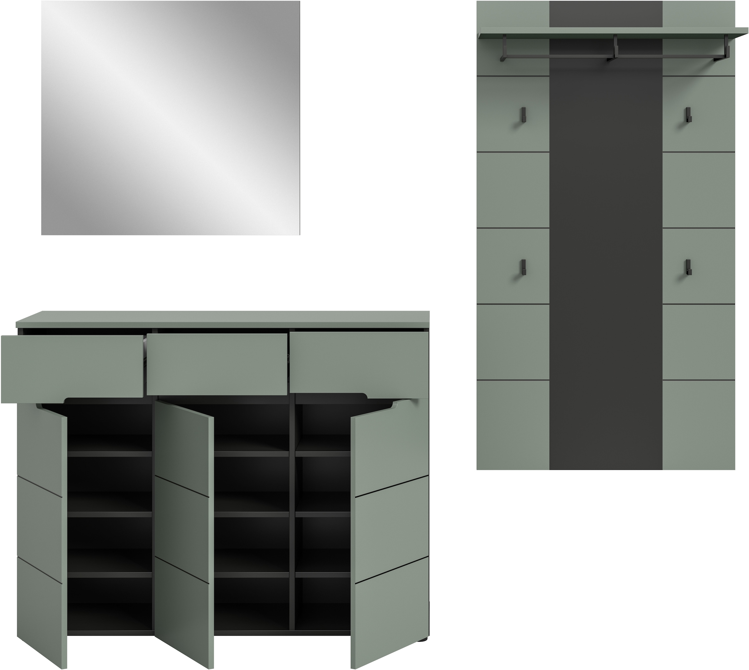 INOSIGN Garderoben-Set, (Set, 3 St., bestehend aus: Kommode, Spiegel und Garderobenpaneel), Garderobenkombination, Kombination, Set, Flurgarderobe, Diele