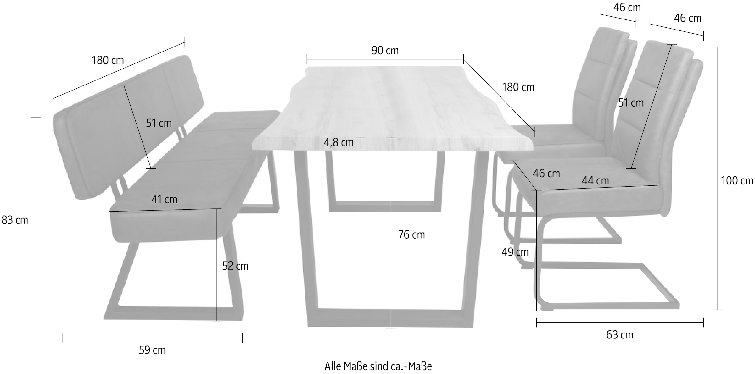 Duo Collection Essgruppe »Esszimmergruppe Thea & Tara & Marga«, (Set, 4 tlg., 4-tlg.), Baumkantentisch, Stühle mit Taschenfederkern, robuste Metallgestelle