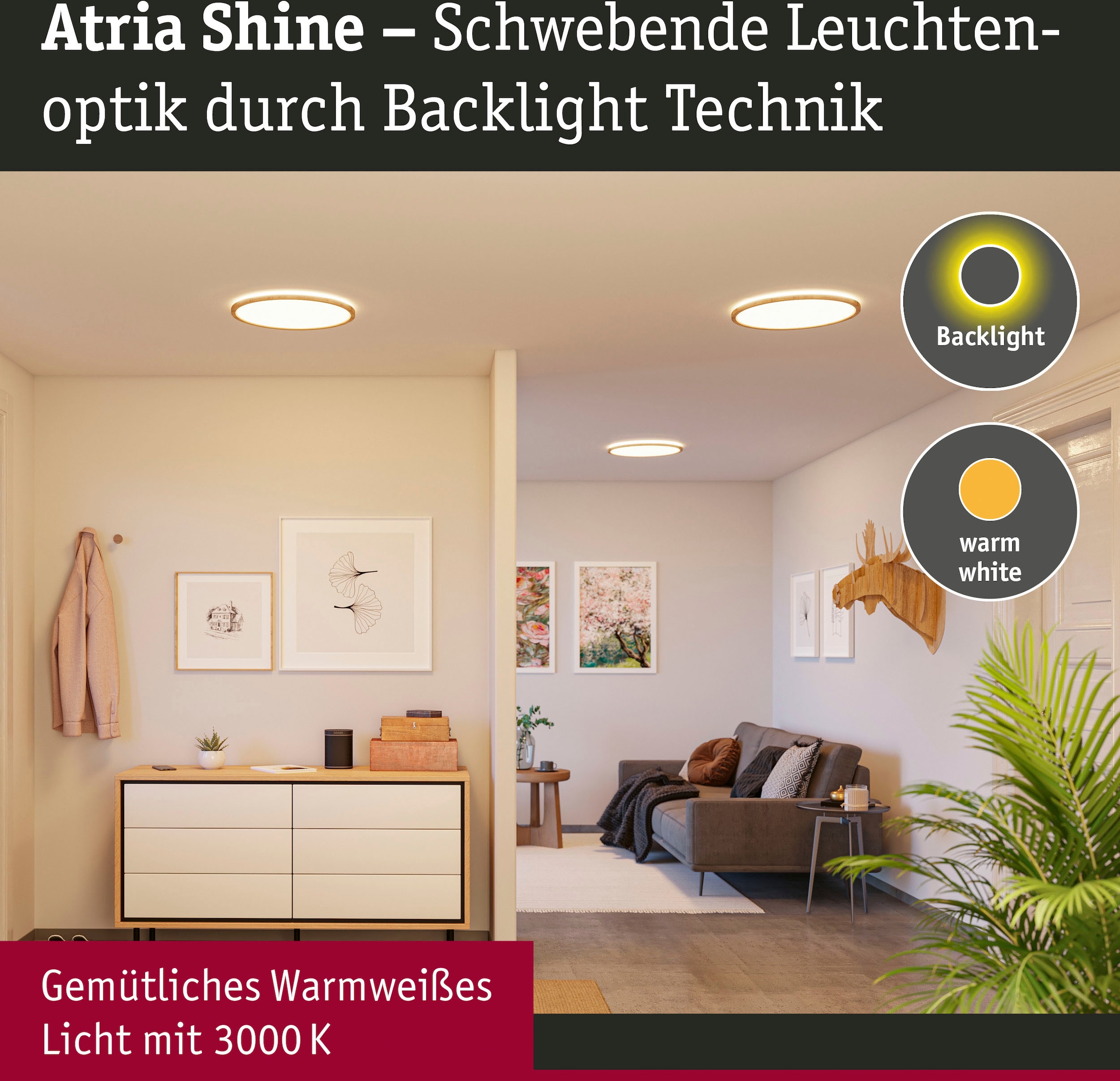 Paulmann LED Panel »Atria Shine IP44 16W 3000K 293mm Eiche Kunststoff«, 1 flammig, Hintergrundbeleuchtung