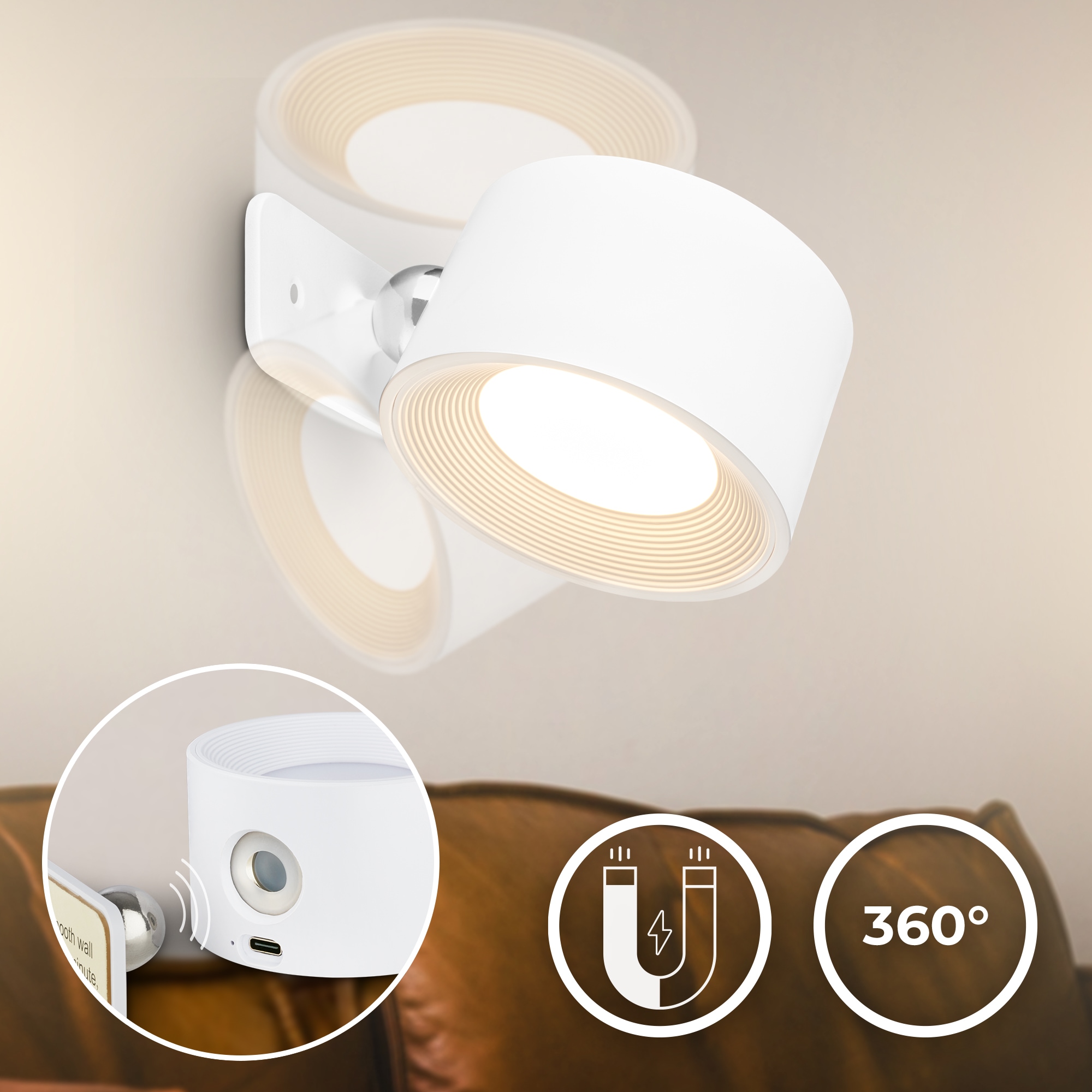 B.K.Licht LED Wandleuchte »BKL1596 Magnetische Akku Wandlampe, 3-Stufen Dimmer, mit USB-C«, 1 flammig, Leuchtmittel LED-Modul | LED fest integriert, CCT-Funktion, 150Lm, 2W, 14h Leuchtdauer, 4,5 x 8 x 9,5 cm, Weiß